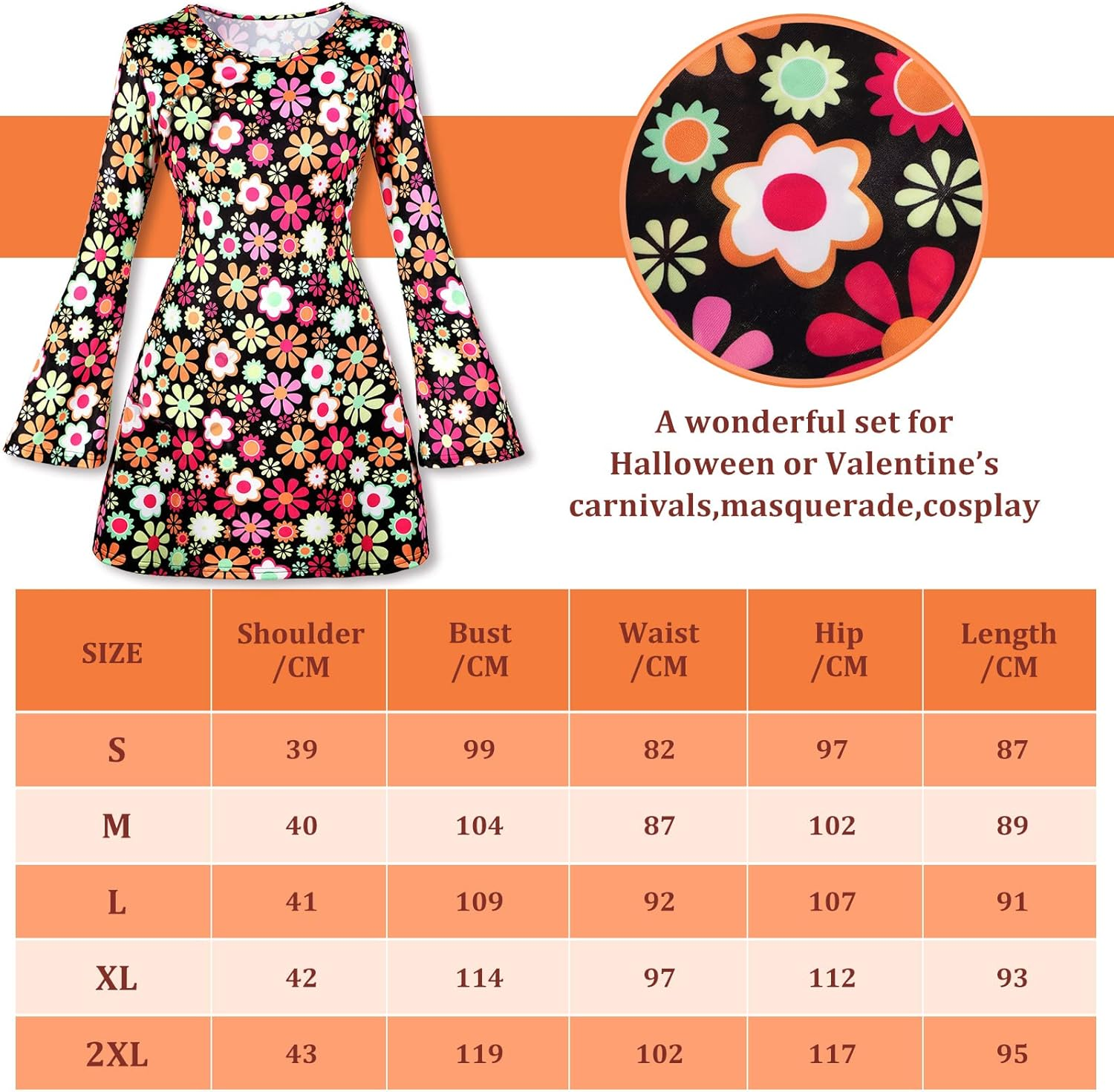 Haysandy Women'S 70S 80S Hippie Disco Costume Set: Green, Brown, Orange, Black; Earring, Necklace, Headband, Dress; Halloween; Adult Women, Halloween Enthusiasts