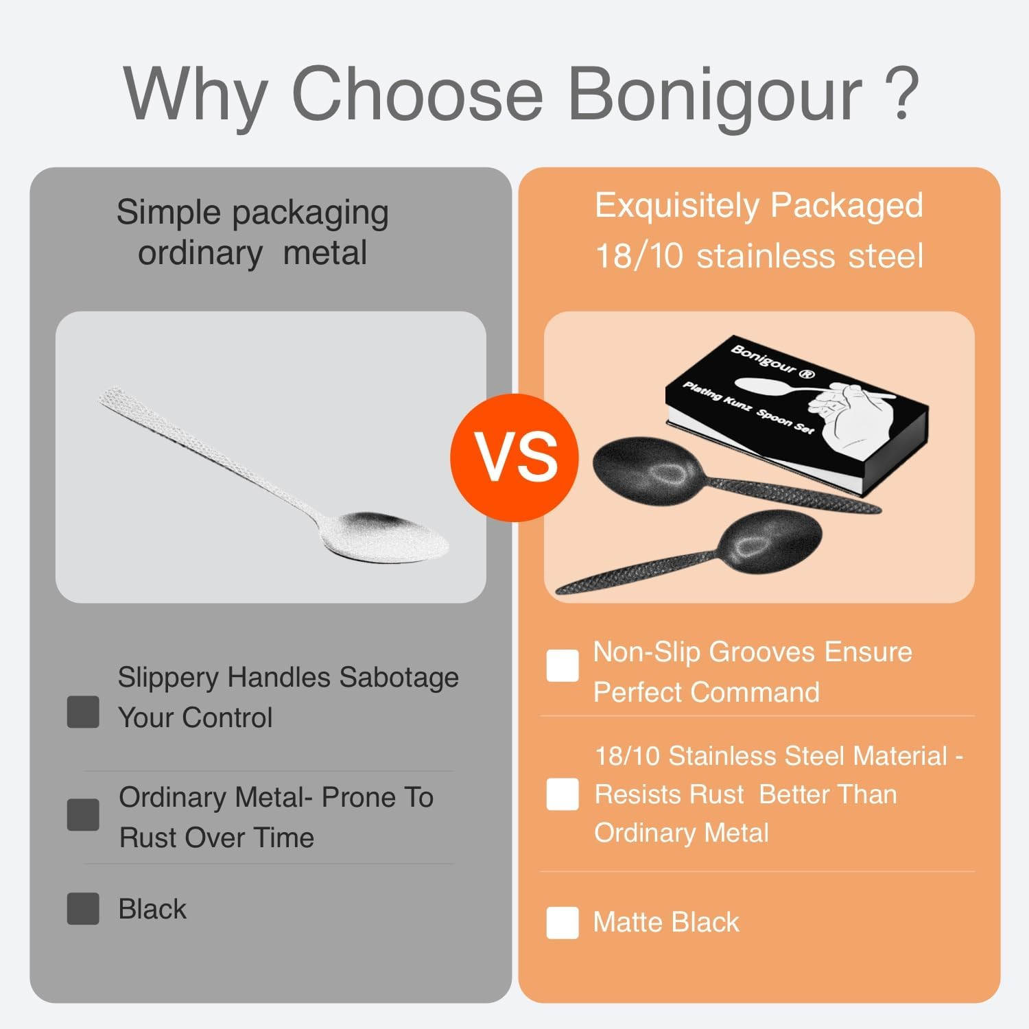 Bonigour Chef Kunz Spoons - 18/10 Stainless Steel Professional Set for Basting, Plating, Quenelle, Serving, Sauces| Vintage-Inspired Chef Spoon Set| Culinary Plating Tools with Non-Slip Grip (Black) image number 2