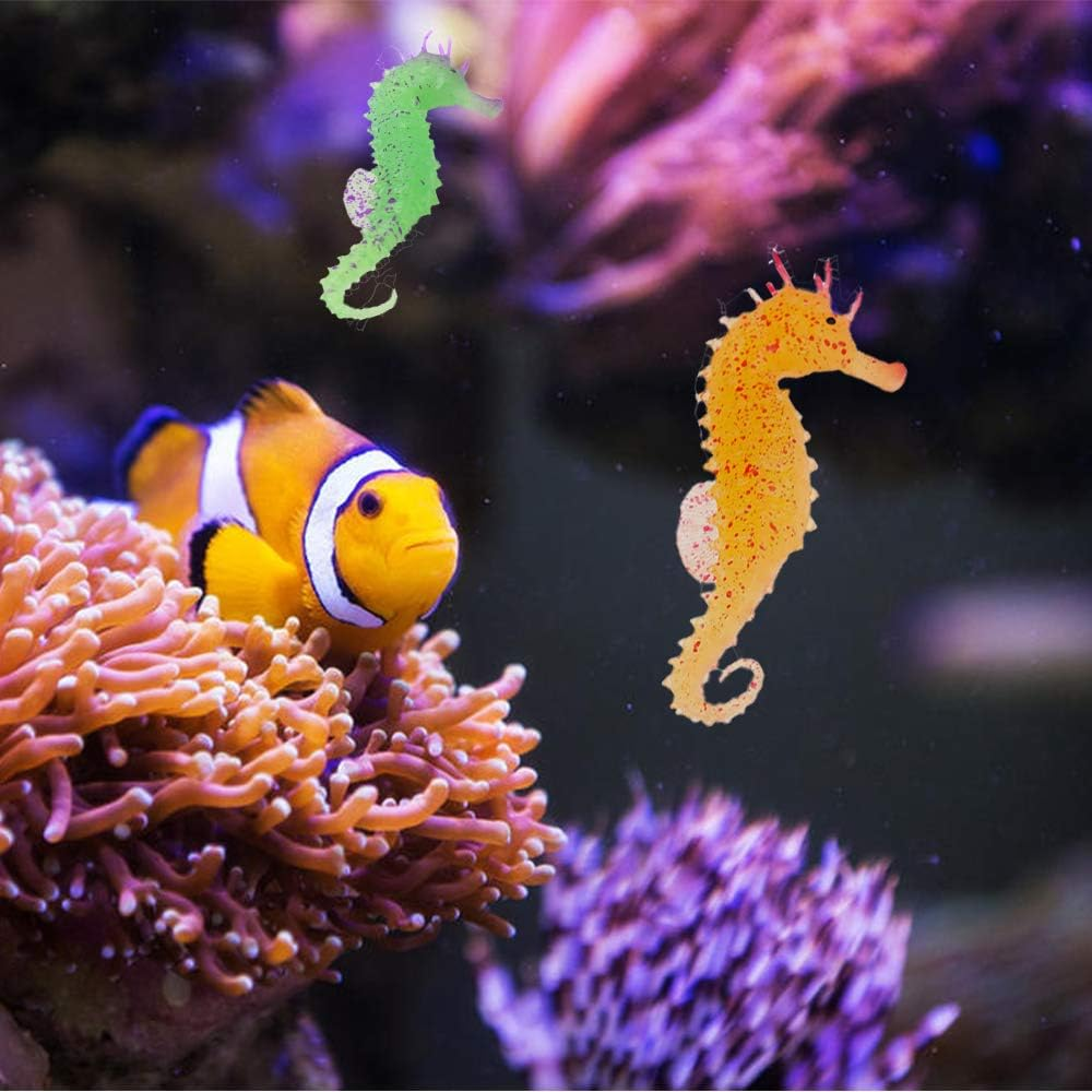 3PCS Artificial Sea Horse Aquarium Decoration Set, Vivid Silicone Floating Decor Ornaments with Glowing Effect,Simulation Animal Underwater Saltwater Fake Colorful Sea Horse for Fish Tank Bowl image number 3