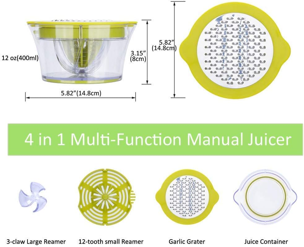 Citrus Lemon Orange Juicer, Manual Hand Squeezer with Built-In Measuring Cup and Grater 12OZ 4 in 1 Multi-Function Manual Juicer with Multi-Size Reamers, Ginger Garlic Cheese Grater Egg Yolk Separator image number 1