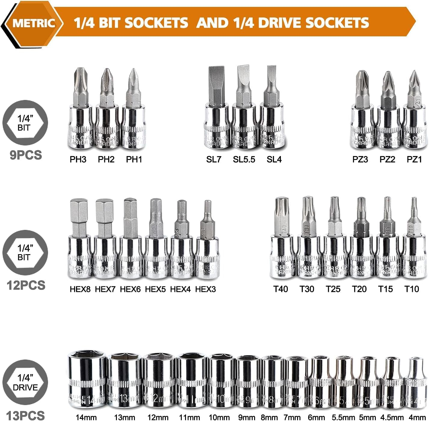46 Pieces 1/4 Inch Drive Socket Ratchet Wrench Set, Mechanic Tools with Bit Socket Set Metric and Extension Bar for Auto Repairing and Household, with Storage Case image number 2