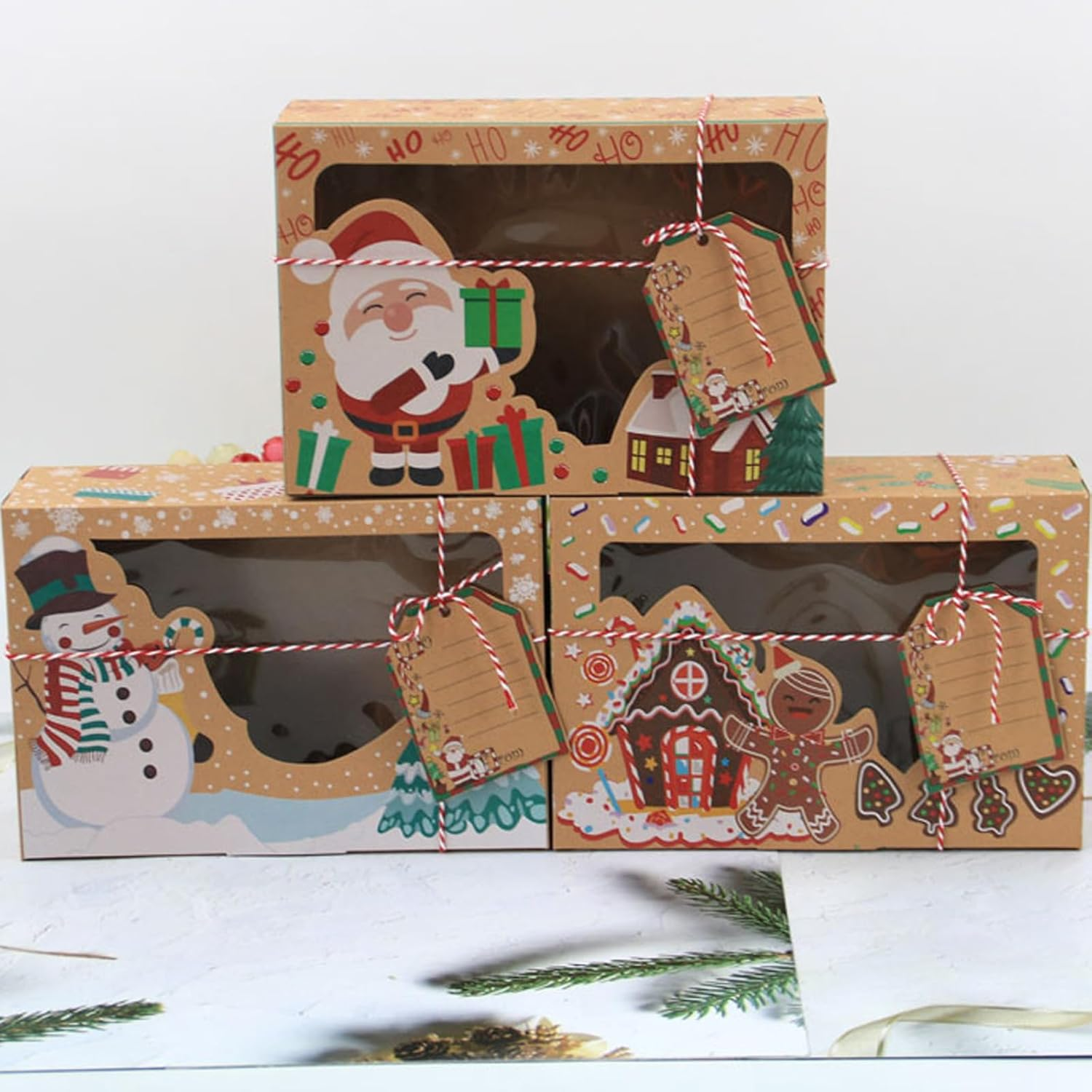 12 Piece Christmas Cookie Boxes with Window, Large Holiday Kraft Bakery Snack Boxes with Window, DIY Tags and Ribbons,Christmas Kraft Cupcake Boxes for Gift Giving Xmas Food Containers image number 2