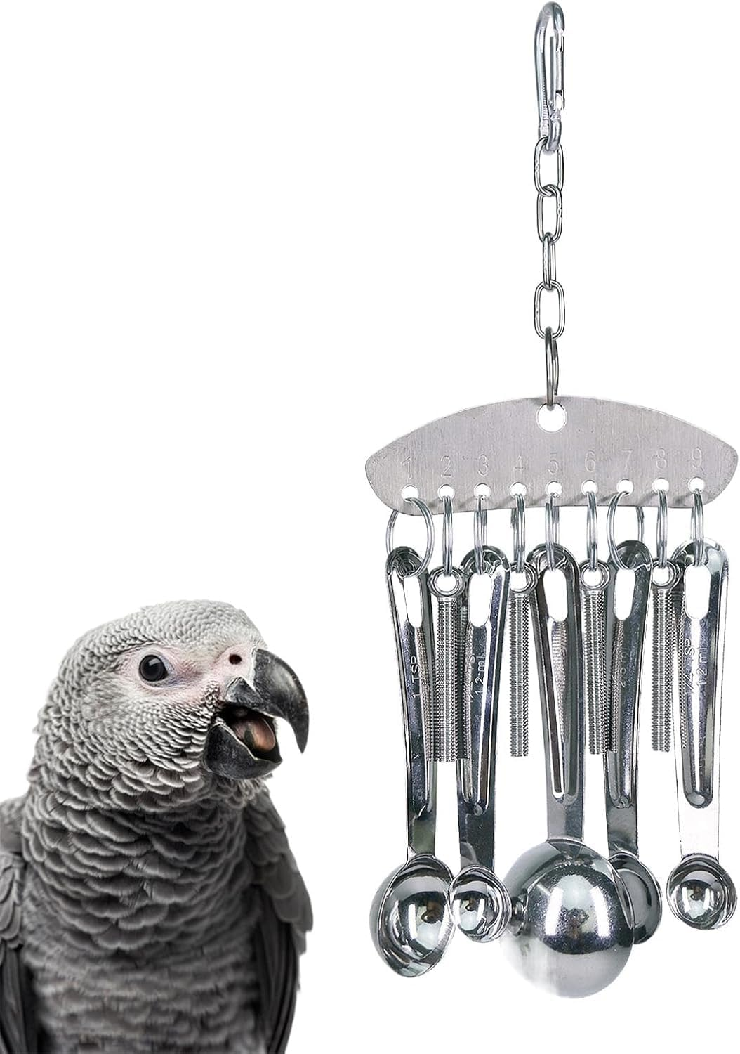 Yeanifeana Durable Stainless Steel Bird Chew Toy with Ring Bell - Parrot Chew Toy for Beak Conditioning and Entertainment, Safe and Fun Spoon Design for Small to Medium Birds (A)