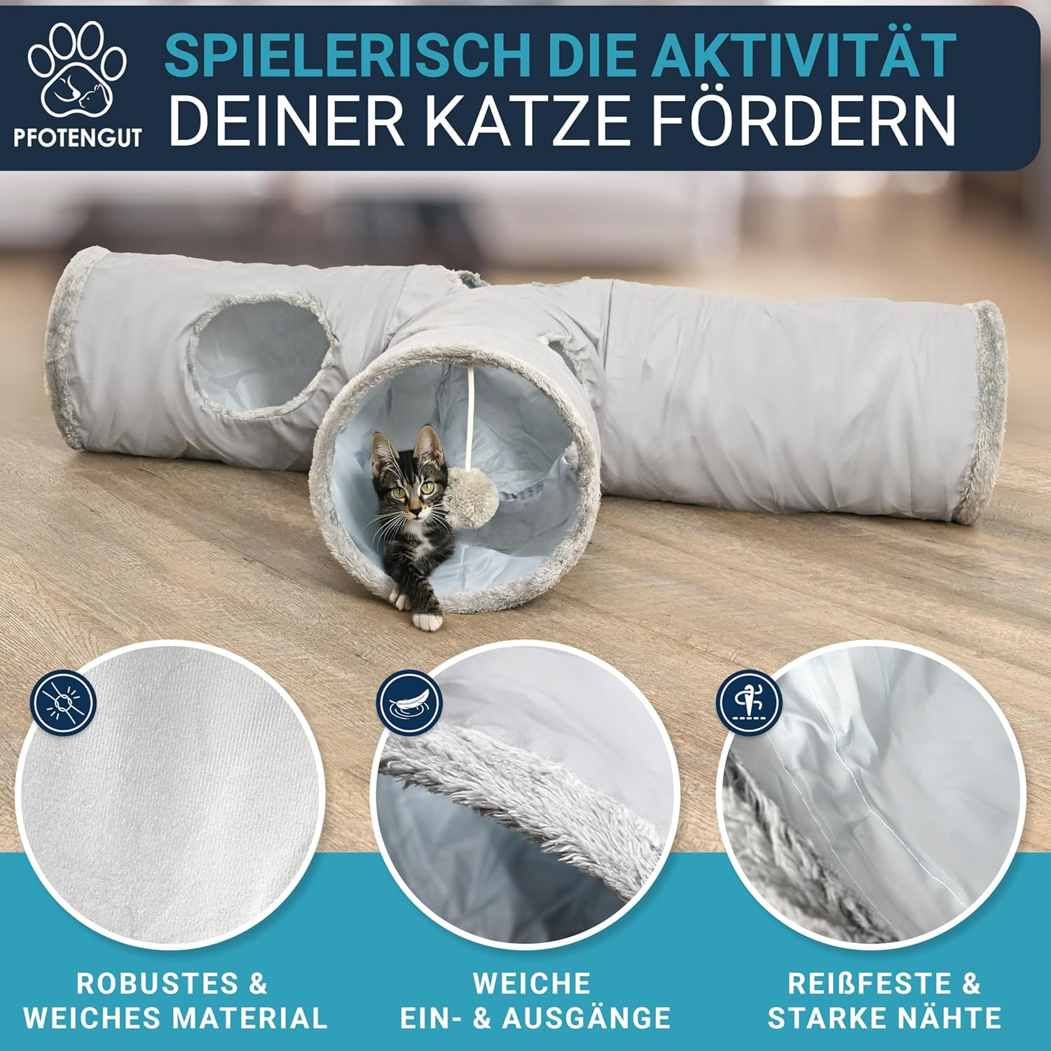 PFOTENGUT&reg; XXL Cat Tunnel for Small and Large Cats - Robust Play Tunnel for Your Cat - 115 Cm Long Tunnel with Various Openings Including Play Ball image number 4