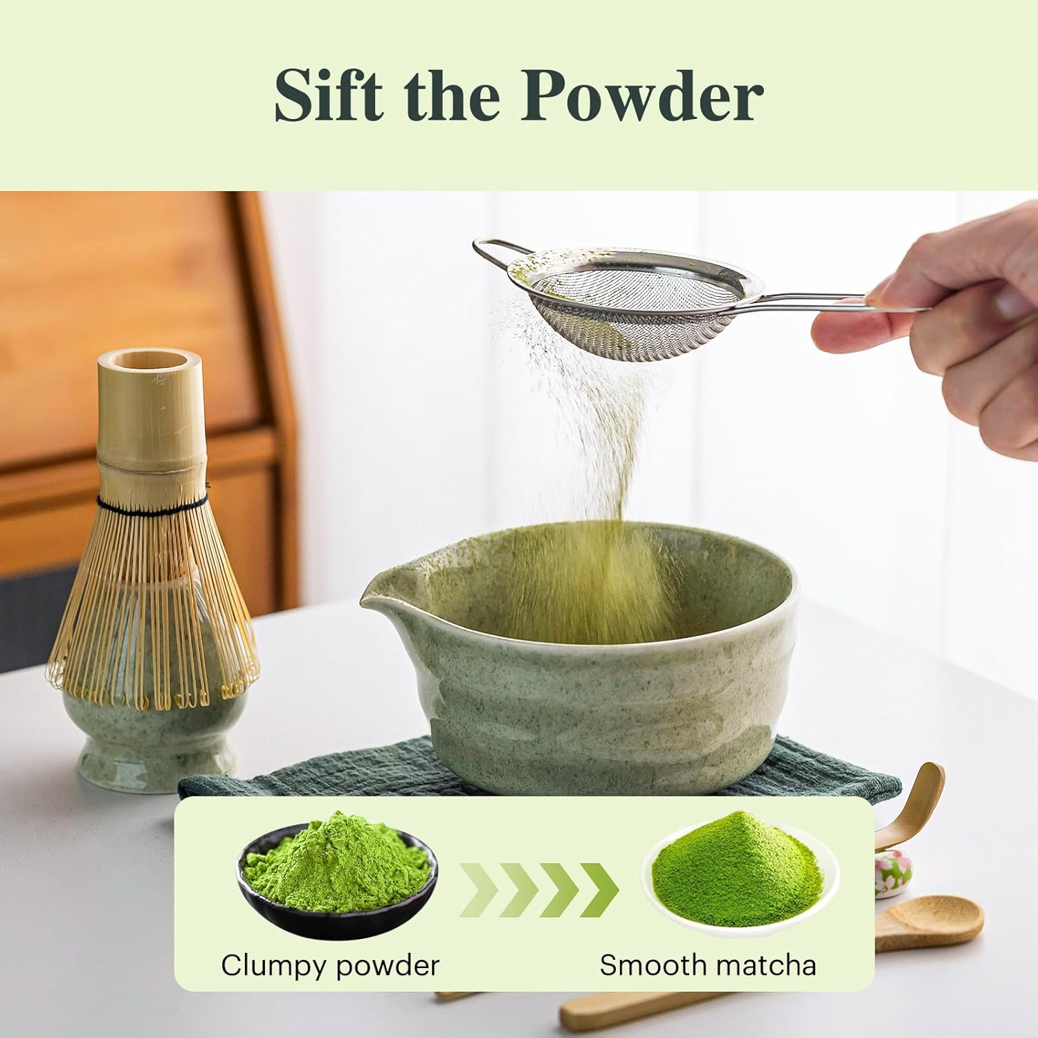 Matcha Whisk Set - 8PCS Kit for Matcha Lover, with Handcrafted Bamboo Whisk Matcha Scoop Matcha Stand Matcha Bowl, Sifter, Tea Cloth (Chakin), Scoop Stand,Wood Spoon image number 3