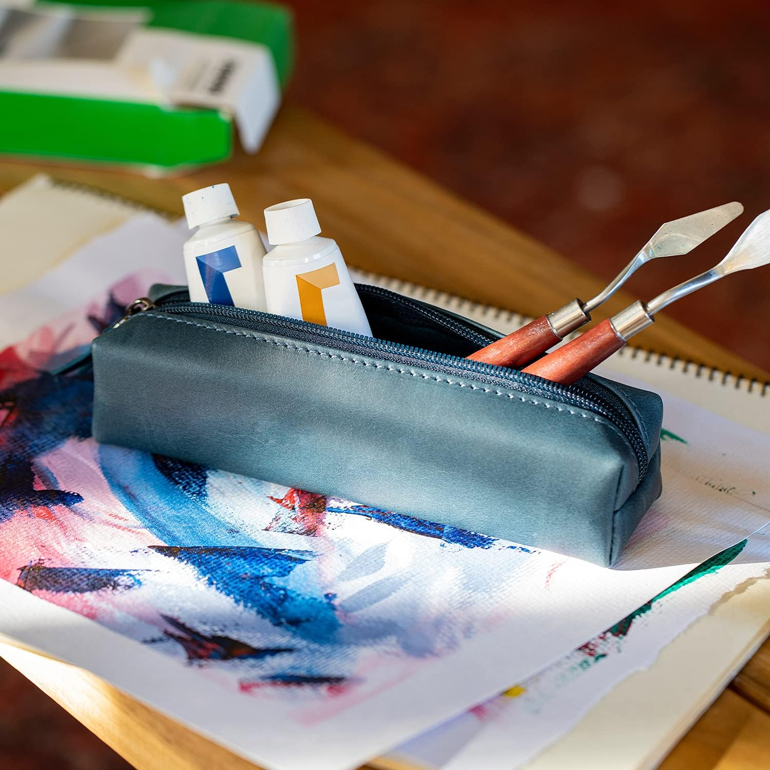 Otto Angelino Genuine Leather Zipper Pen, Pencil & Cosmetic Case(Mink) image number 4