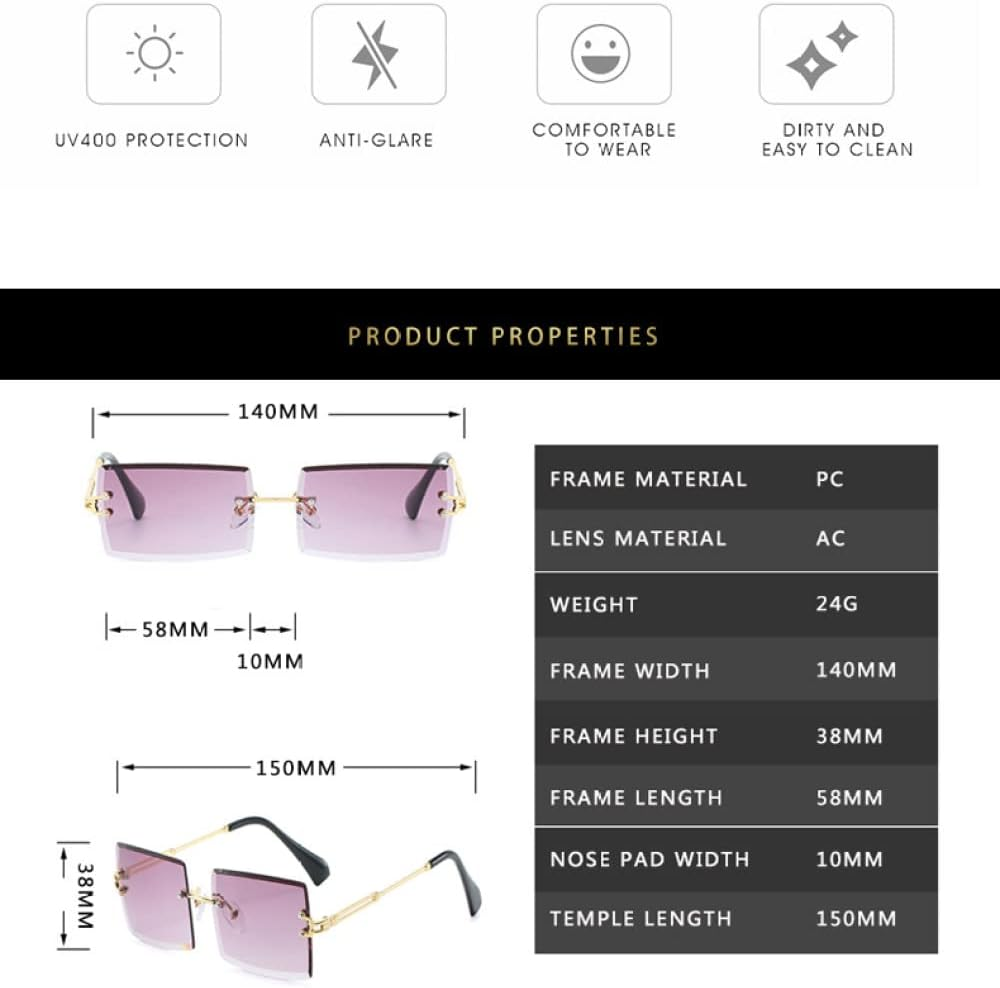 Fashion Rimless Sunglasses Women Trendy Small Rectangle Sun Glasses Summer Traveling Style UV400 Gold Shades for Men