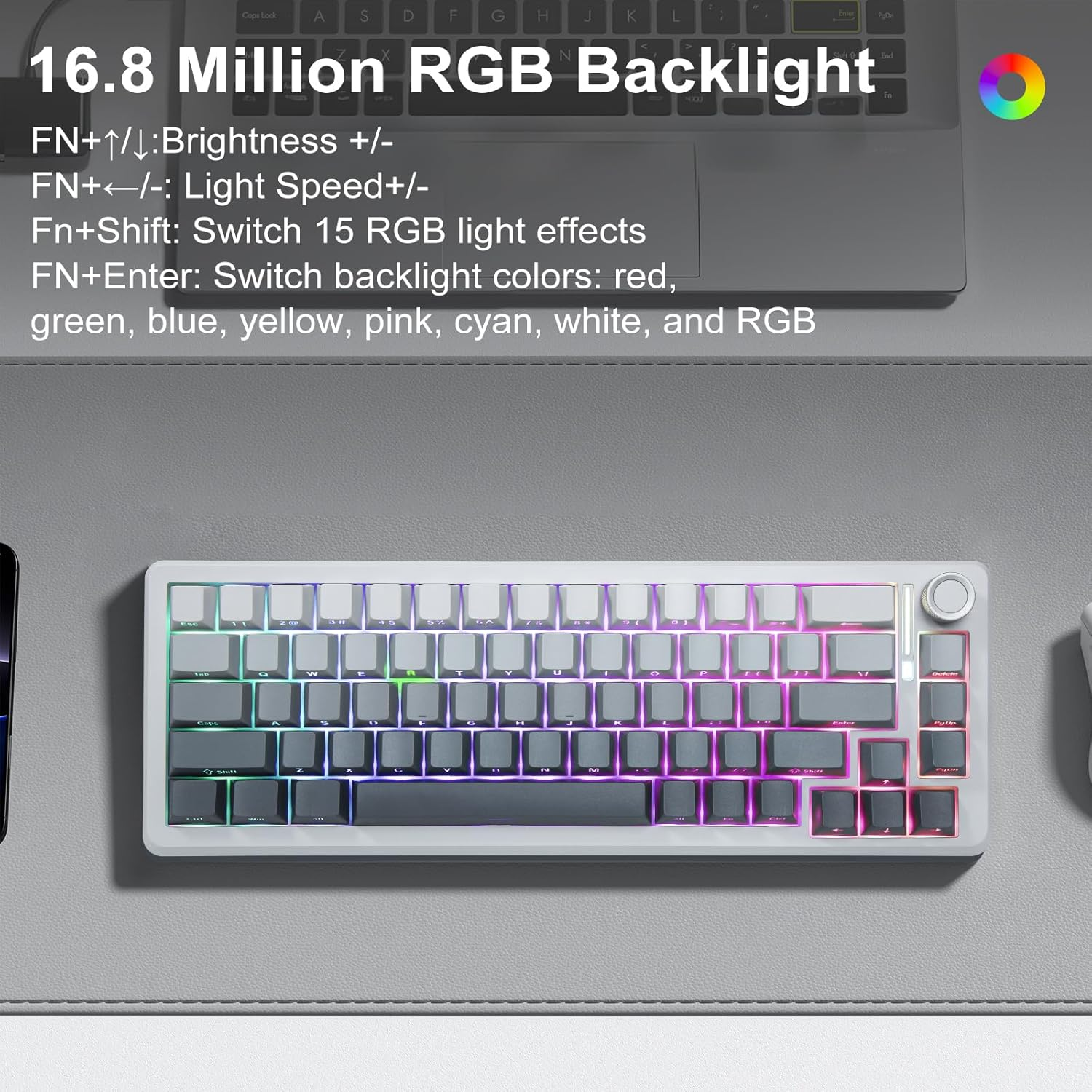 E-YOOSO Z-68 Wireless Mechanical Keyboard,65% Hot Swappable Custom Keyboard with Knob,Rgb Backlit,Pre-Lubed Reaper Switches,Side Printed PBT Keycaps,2.4Ghz/Usb-C/Bt5.0 Mechanical Gaming Keyboards image number 4