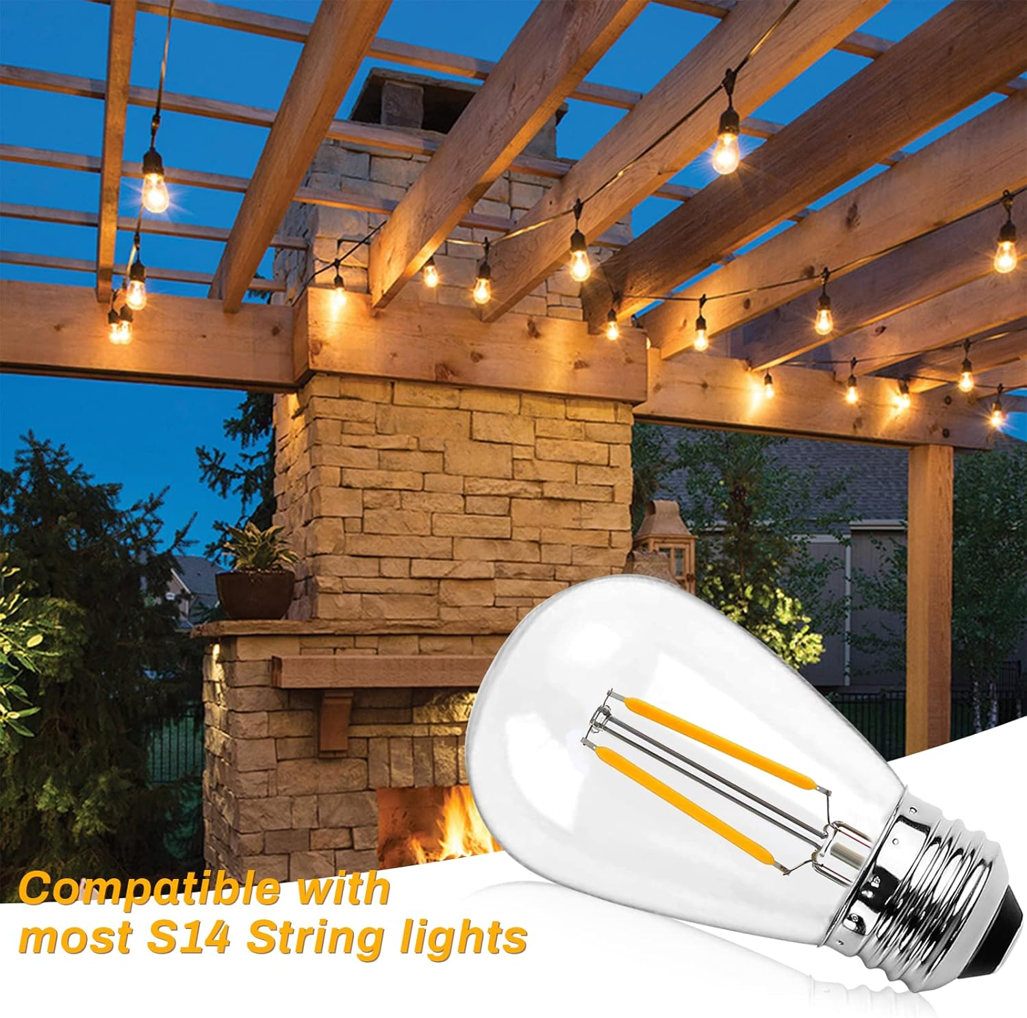 Spacelumen 25 Pack 2W E27 Screw Plastic S14 LED Light Bulb, Shatterproof & Waterproof 2700K Warm White Outdoor String Lights Bulbs image number 1