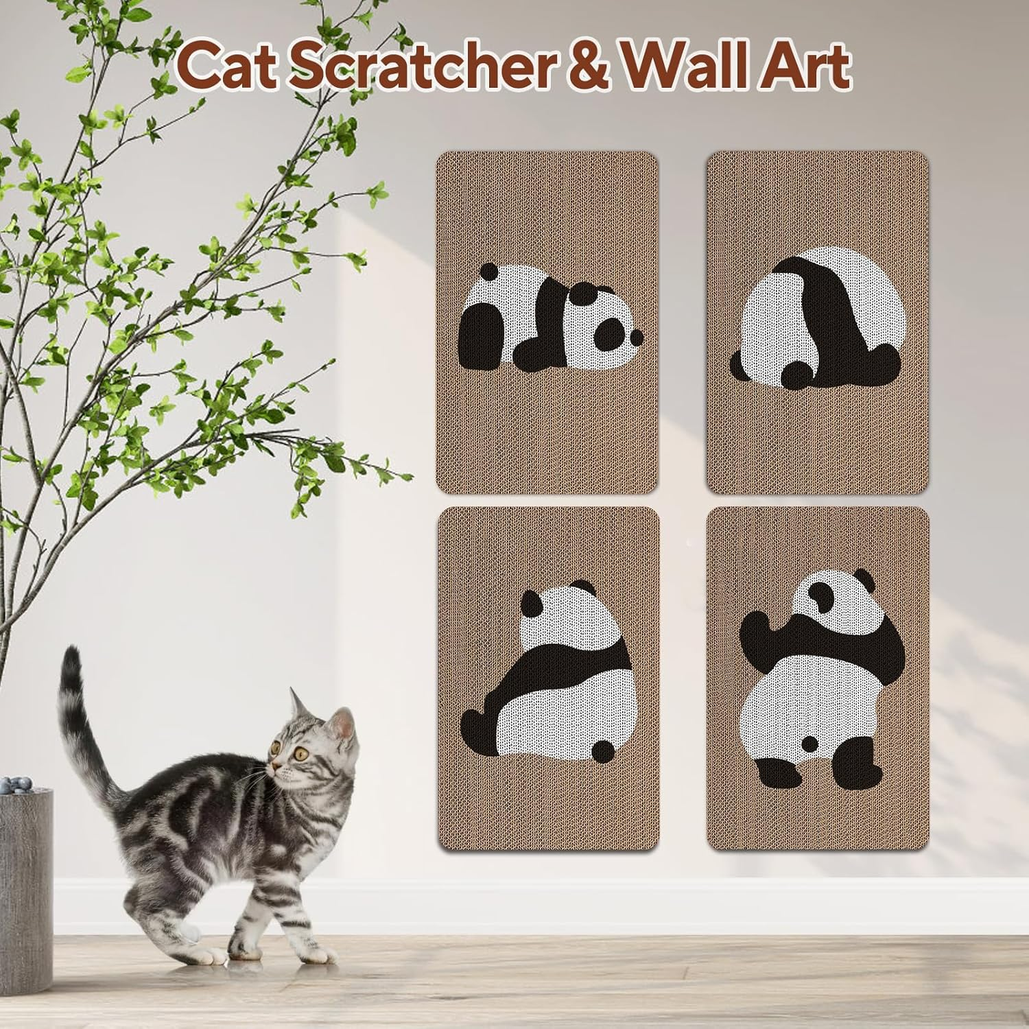 AUSCAT Cardboard Cat Wall Scratcher, 7 Cat Scratching Boards with Box, Wall Mounted Cat Scratching Pads for Indoor Cats, Furniture Protector, 14.5" X 9.3", Panda Pattern image number 1
