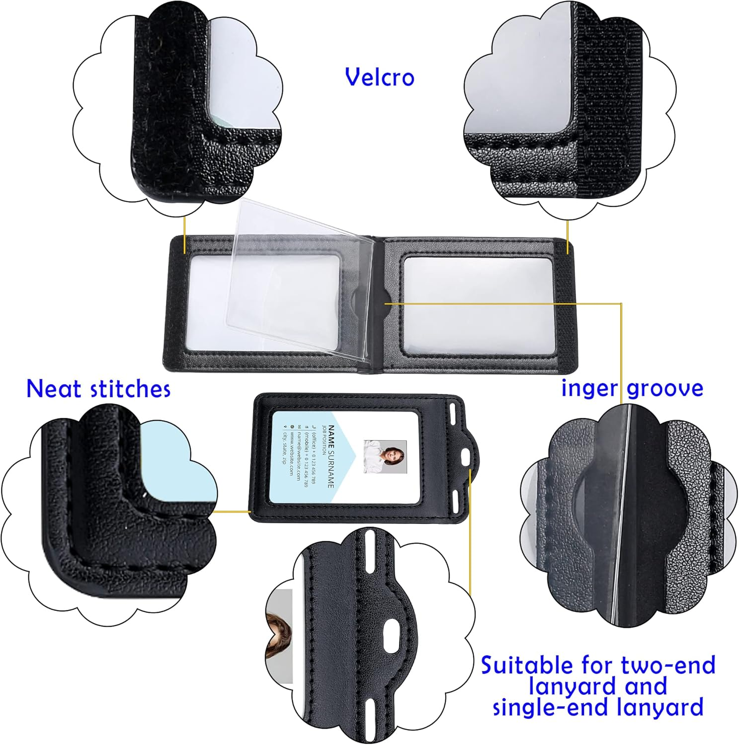 Badge Holder with 2 Lanyard Leather Easily Holds 1 to 6 Cards, Trifold Heavy Duty ID Card Holder, for Nurse Teacher School Medical Law Enforcement - Black image number 3