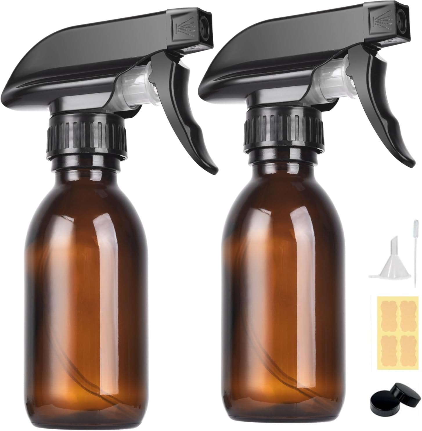 LANBEAUTIFY 4 Oz Amber Glass Spray Bottles - 2 Pack Empty Refillable Bottle for Cleaning Solutions,Hair Care,Essential Oils, Plants - Durable Nozzle,With Labels &Funnel, Dropper image number 6