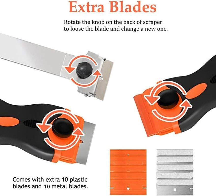 Window Razor Scraper Set, 2 Pack Long Handle Glass Cleaning Tools with 20 Blades Metal and Plastic Blades, Long Handle Cleaning Scraper Tools with Metal and Plastic Blades for Cleaning Sticker image number 5