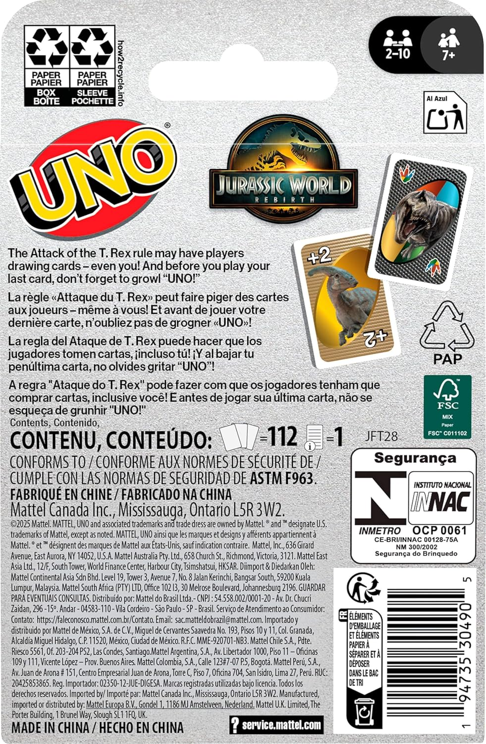 Mattel Games UNO Jurassic World Rebirth Cards for Kids, Family & Adult Games Nights, Deck with Special Rule & Images Inspired by the Movie