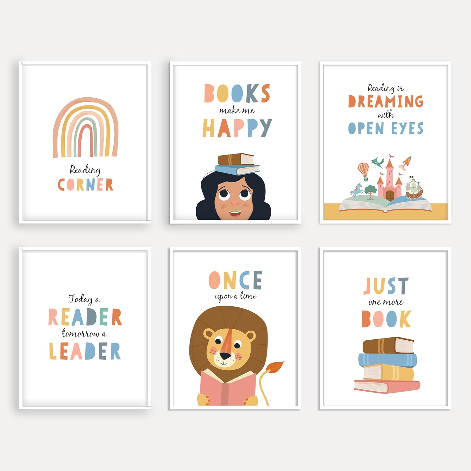 W.O.W.A - Set of 6 Inspirational Reading Quotes Wall Art for Kids' Spaces - Library Decor, Playroom Decorations, Nursery Wall Art, and Playroom Signs (8"X10", UNFRAMED)