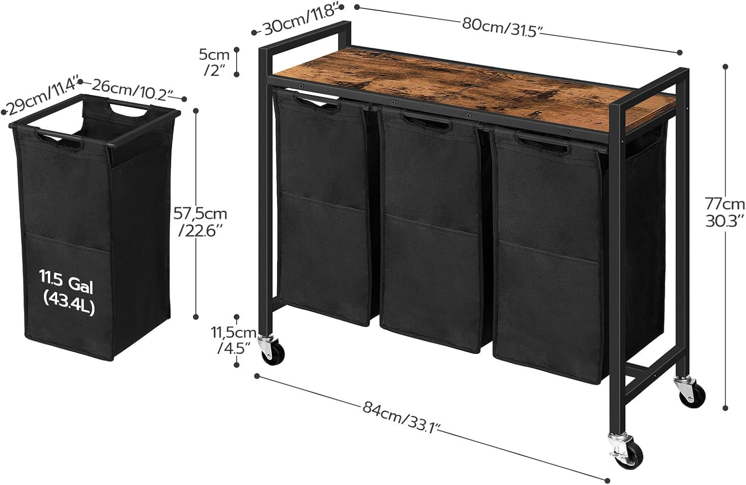 HOOBRO Laundry Sorter 3 Section,Rolling Laundry Hamper with Wheels, 3 &times; 11.5 Gal (43.5 L), Pull-Out and Removable Oxford Fabric Laundry Bags, Rustic Brown and Black BF76XY01 image number 2