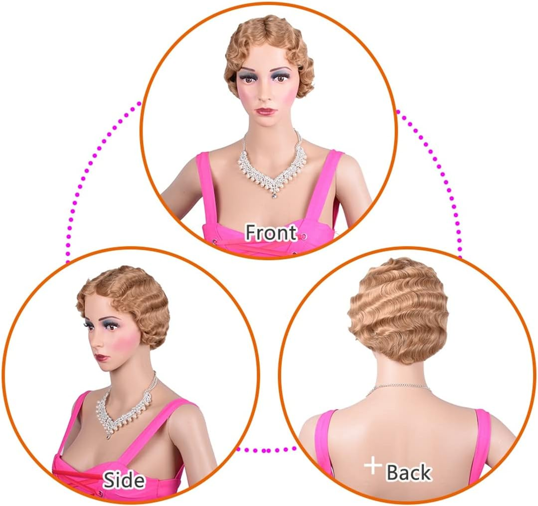 Synthetic Short Curly Finger Wave Wig for Black Women Heat White Blonde African American Mommy Wig Cosplay Pink 6Inches image number 2