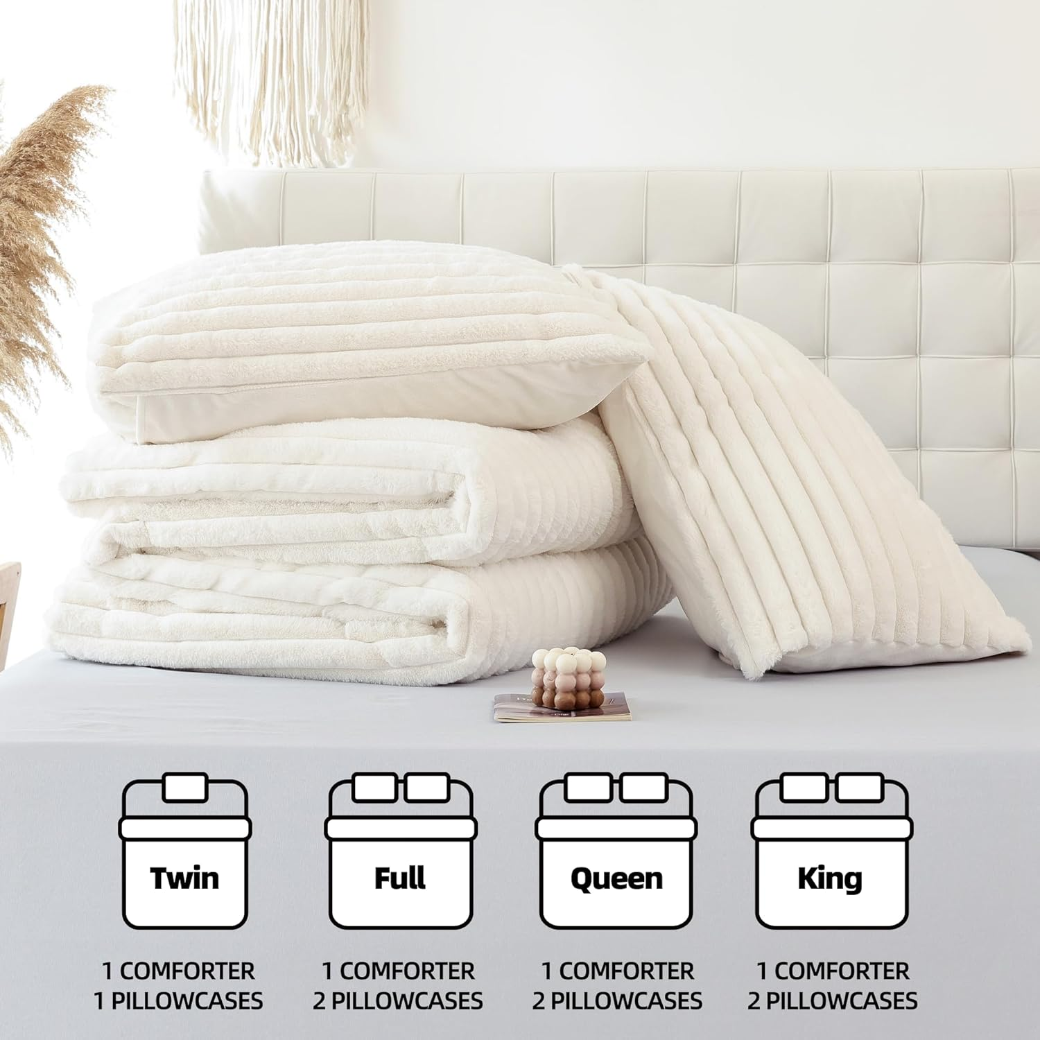 Smoofy Fluffy Full Size Comforter Sets 3 Pieces - Cream White Fleece Fluffy Comforter Set, Luxury Fuzzy Full Bed Set, Soft Comforter Full Size All Season, Heavy Faux Fur Comforter with 2 Pillow Cases image number 3