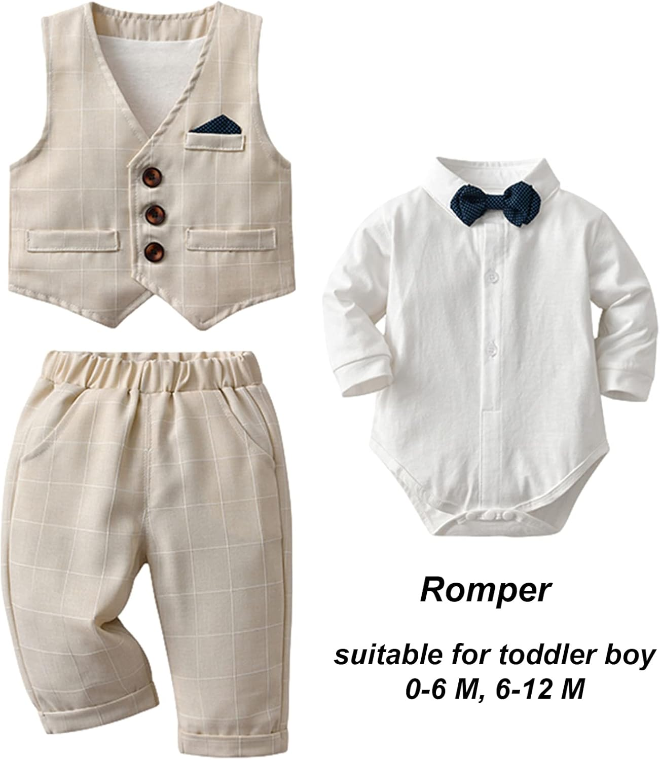 Amokk Baby Boy Formal Outfits White Shirt + Plaid Waistcoat + Pants + Bowtie 4Pcs Gentleman Clothing Set for 1St Birthday image number 6