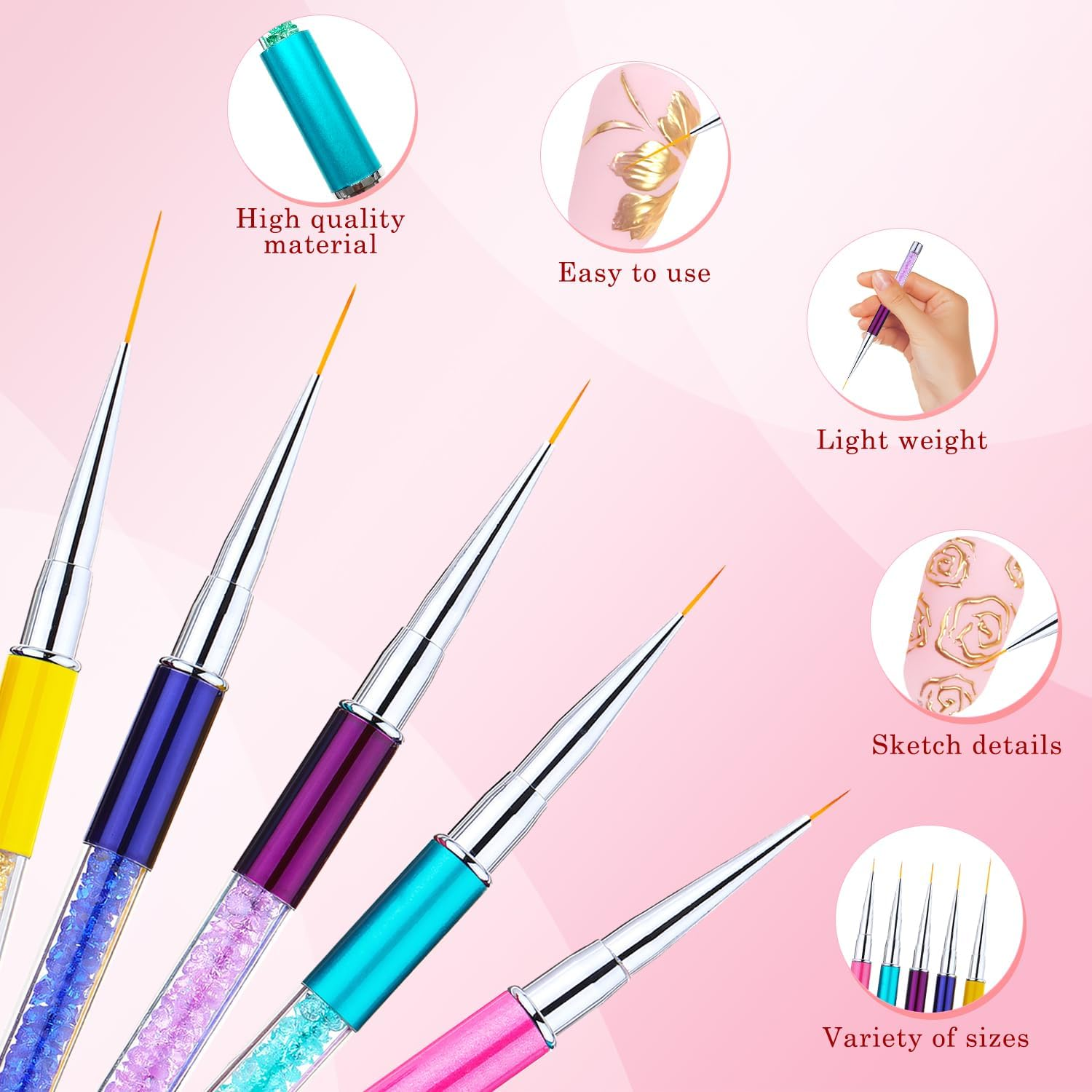 5 Pcs Nail Art Brushes, Nail Line Brush Nail Art Pens Nail Brushes for Nail Art Nail Art Tools for Nail Design Drawing（Size: 7/9/11/14/19Mm） image number 5