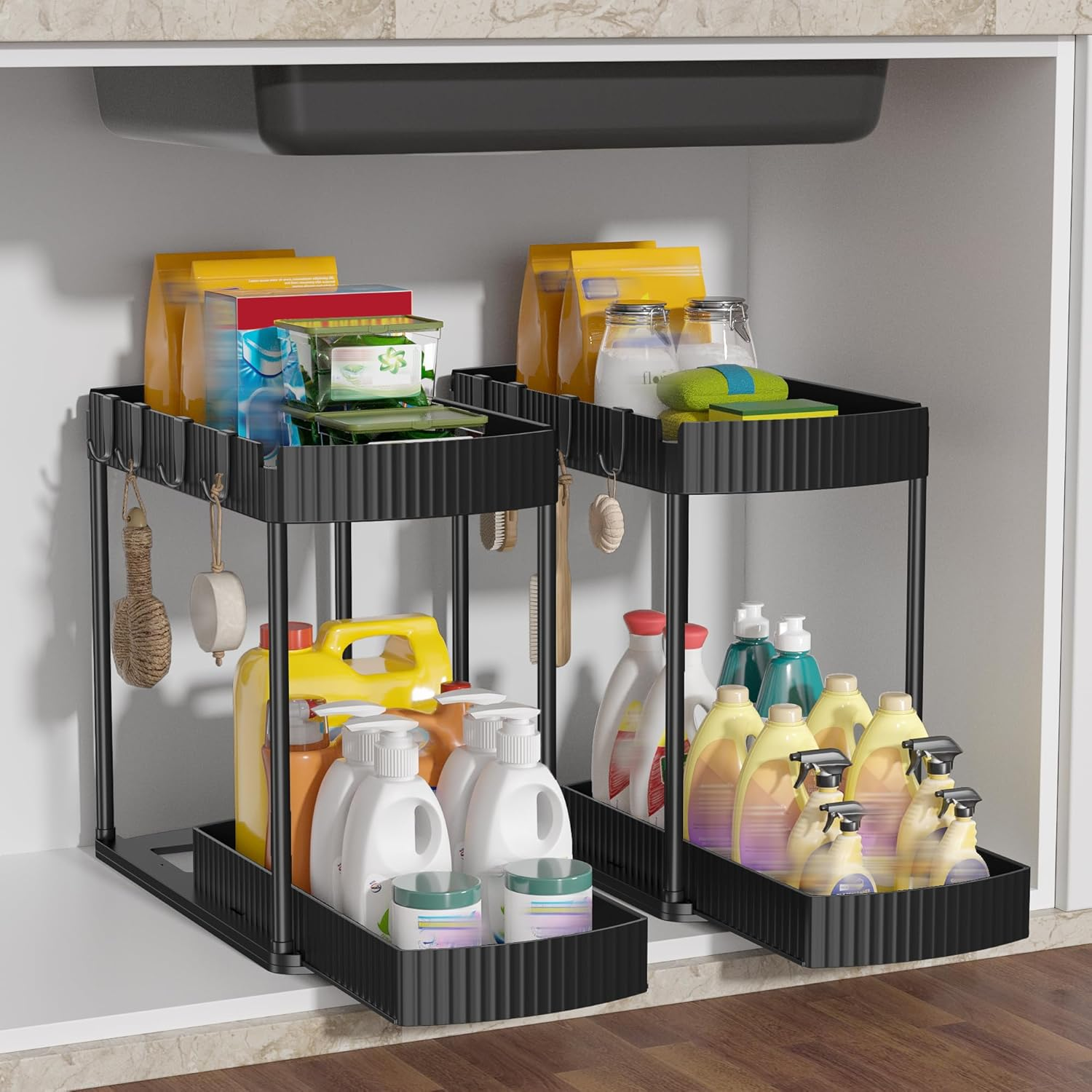 Under Sink Organizer Storage 2 Packs, 2-Tier Shelf with 4 Hanging Hooks, under Slid Cabinet Basket Rack for Bathroom Kitchen image number 4