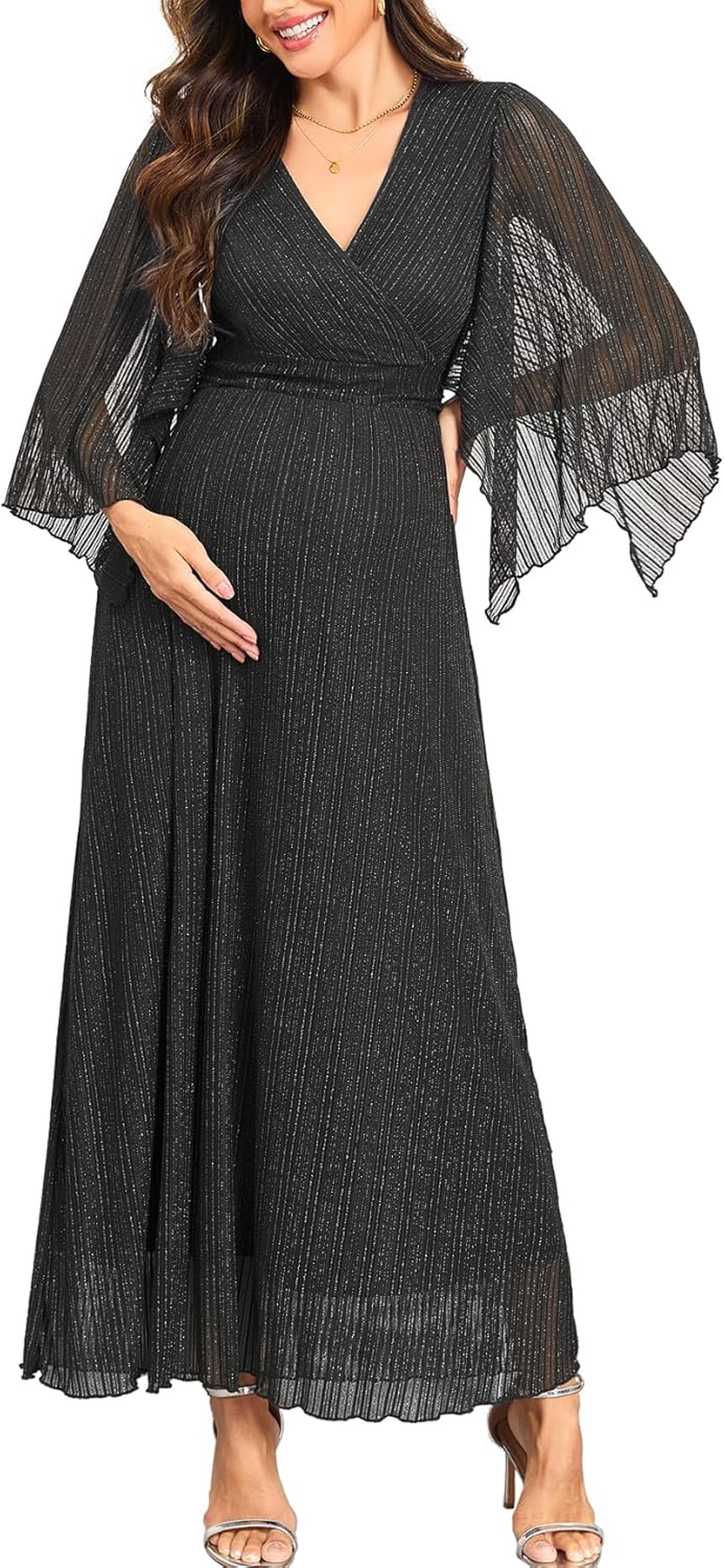 Maternity Sparkly Mesh Maxi Dress Handkerchief Sleeves Wrap V Neck Flowy Pregnancy Dresses Baby Shower Formal