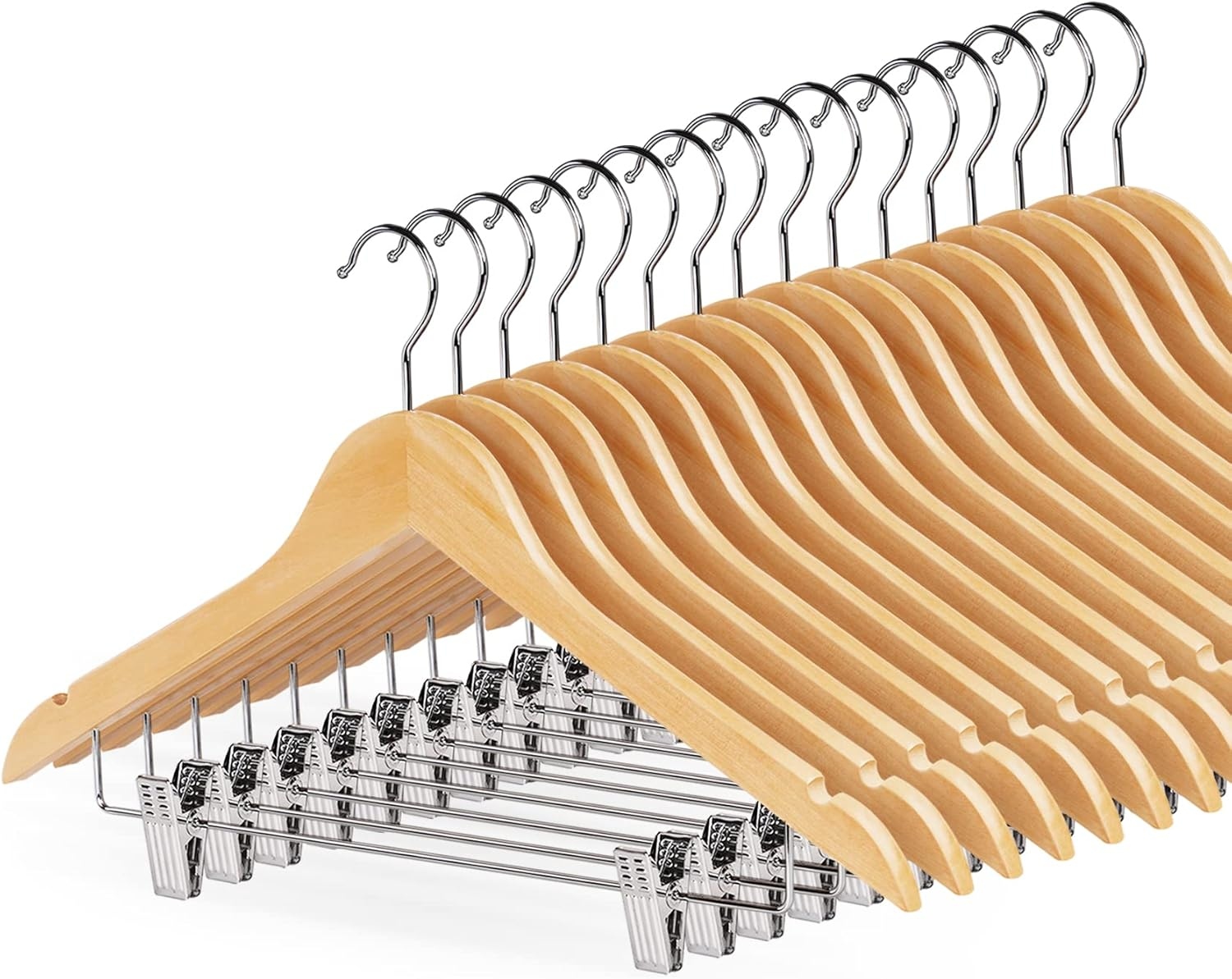 HOUSM 16Pack Wooden Skirt Hangers with Clips, Solid Wood Pants Hangers, Natural, Smooth Finish, High-Grade Selected Wood, Sturdy Metal Clips for Blouse, Dress, Coat, Jacket