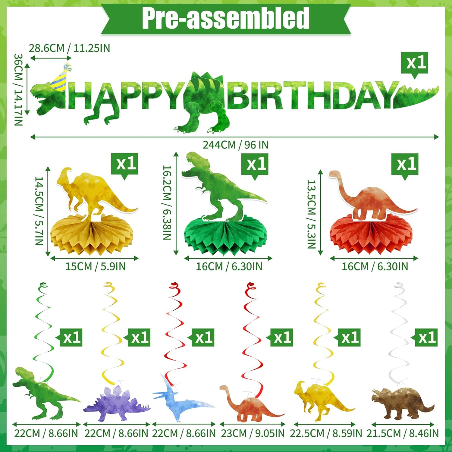 Watercolor Dinosaur Happy Birthday Banner Kids Party Decorations 6 Hanging Swirl Streamer 3 Honeycomb Centerpieces image number 2