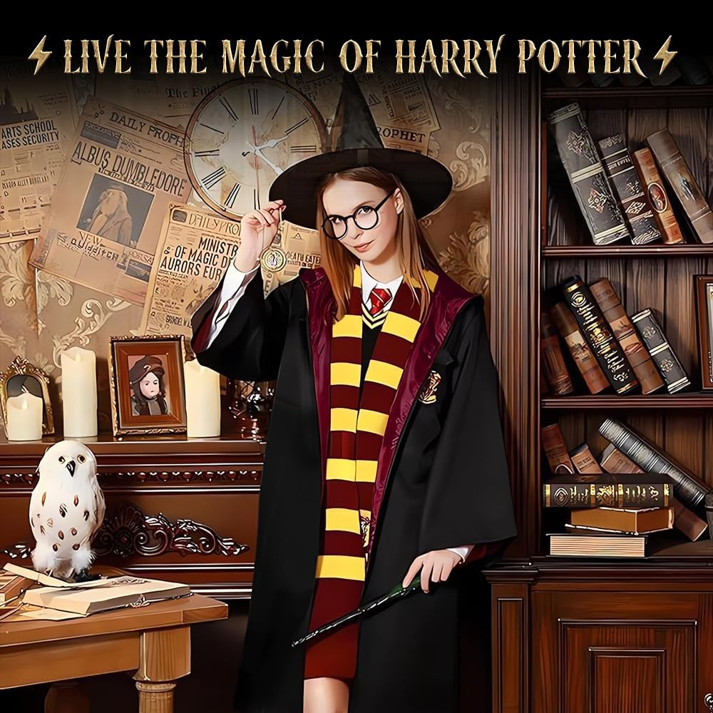 AUTOWT Unisex Wizard Cloak Costume Set for Adults, 6Pc Magician Wizarding Robe Outfits with Hooded Cape Magic Hat Wand Scarf Glasses Tie Movie Dress up Accessory for School Carnival Halloween Cosplay image number 2