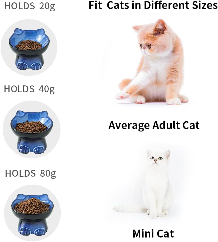 Nihow Slanted Elevated Cat Bowls: 5 Inch Ceramic Raised Cat Food Bowl for Protecting Pet'S Spine - Microwave & Dishwasher Safe -Elegant Blue & Black (4.5 OZ /1 PC) image number 4
