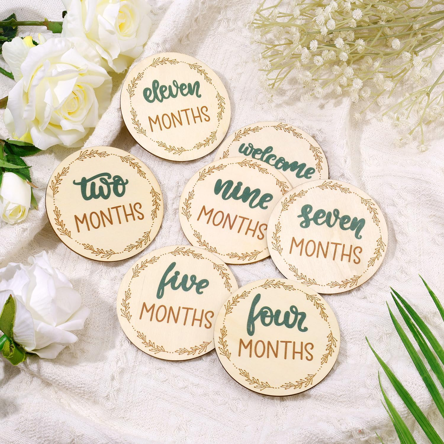 7Pcs Wooden Baby Monthly Milestone Cards, Baby Months Signs Double-Sided Baby Growth Signs Monthly Discs Monthly Photo Props Monthly Markers for Baby Practical Supplies to Record Growth image number 3