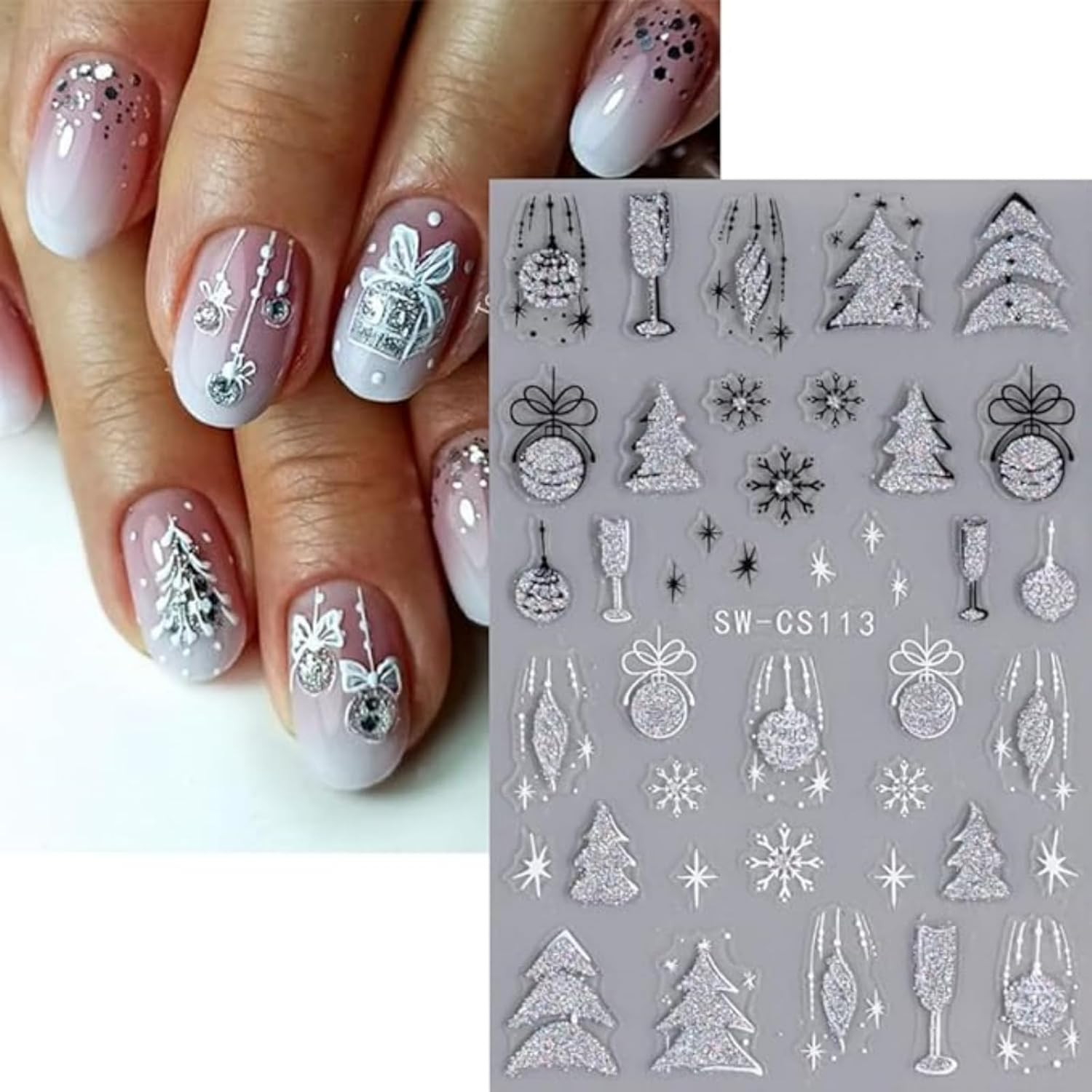 Itadaku 4 Sheets Christmas Nails Stickers, Glitter Xmas Tree, Silver Jingle Bell, Pine Leaf, 3D Snowflake & Star Nail Art Decals, Holiday Nail Design Accessories for Women & Girls image number 6