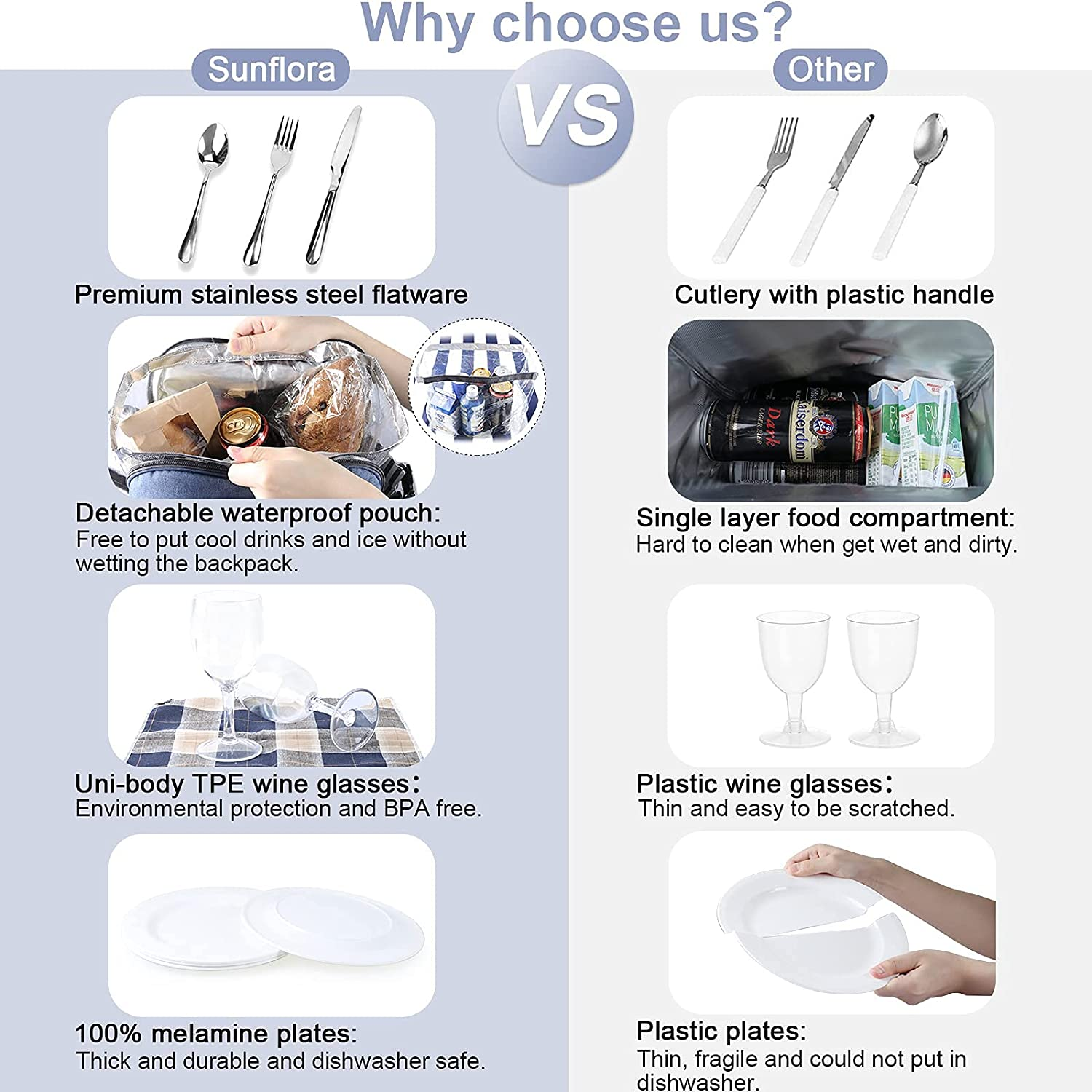 Sunflora Picnic Backpack for 4 Person, Picnic Basket Complete Set with Insulated Cooler and Blanket for Family Outdoor Camping(Brush Beige) image number 3