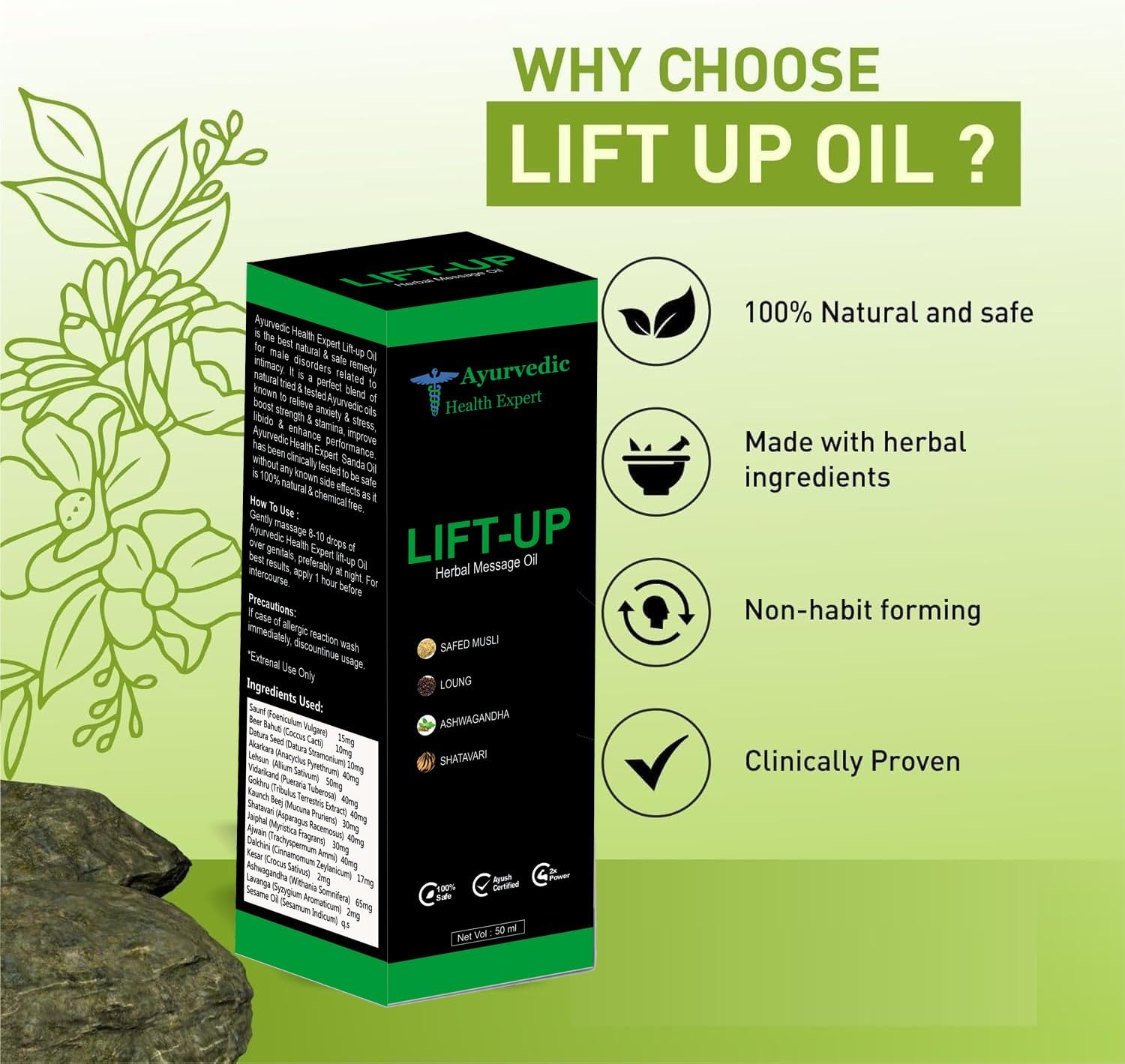 Ayurvedic Health Expert Lift-Up Herbal Massage Oil for Men | Safed Musli, Ashwagandha, Shatavari, Long | Natural Ayurvedic Formula | External Use Only | 50 Ml image number 2