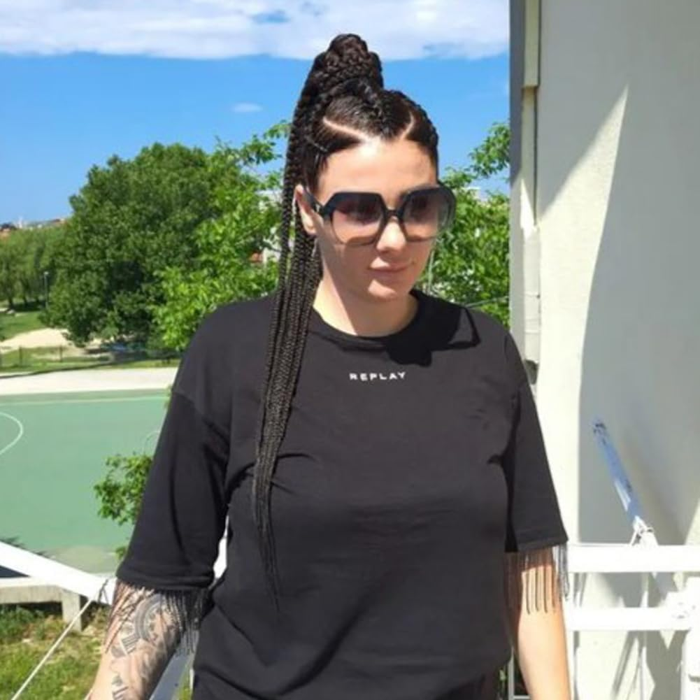 Afbeauty Black Braided Lace Front Wig for Women Synthetic Handmade Black High Ponytail Braided Wig with Baby Hair Heat Resistant Fibre Braid Wigs for Cosplay Party Makeup image number 3