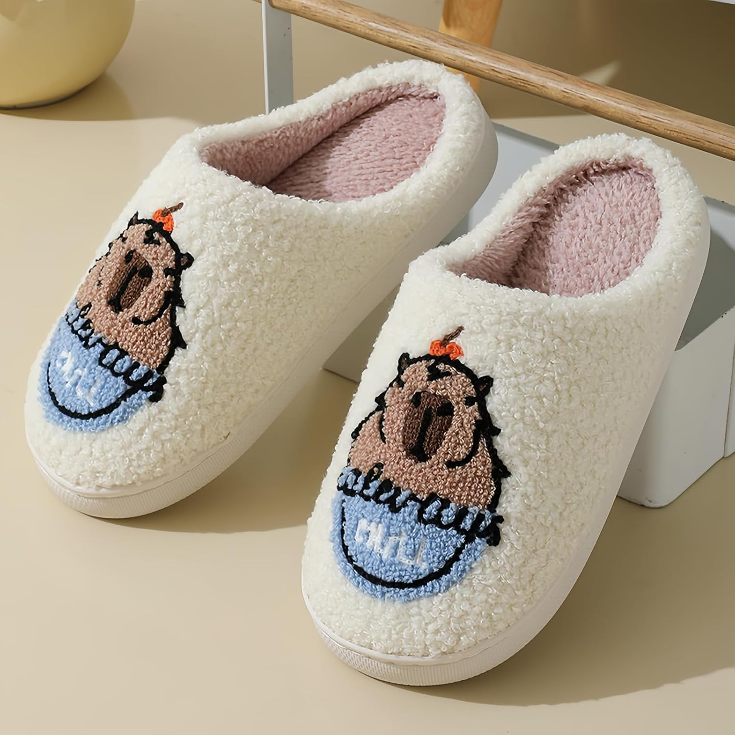 Cute Animal Slippers for Women and Men with Capybara or Chicken Embroidery Plush Memory Foam House Shoes with Soft Lining and Non Slip Sole for Indoor Use image number 2