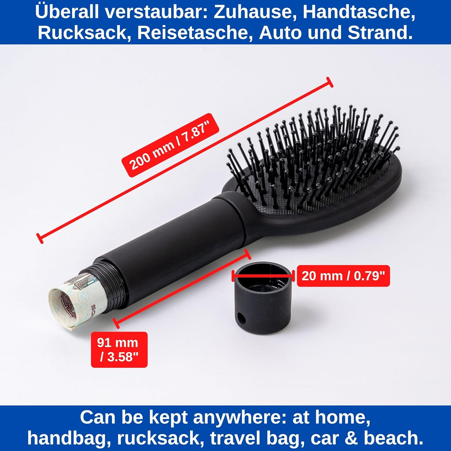 Hair Brush with Secret Compartment, 1 Set, Secret Hiding Place in Brush Handle, Secure Closure, Valuables Hideout, Secret Hiding Place for Money, Beach Money Hiding, Secret Banknote Storage image number 5