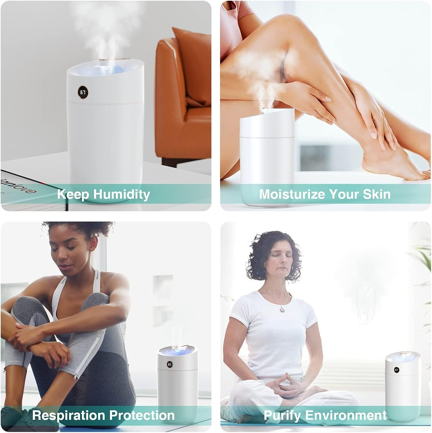 Air Humidifier for Bedroom, 3L Cool Mist Humidifier with Humidity Monitoring Top Fill, Quiet Operation, 7 Color Night Light Function, Auto Shut-Off, Double Nozzle, White image number 2