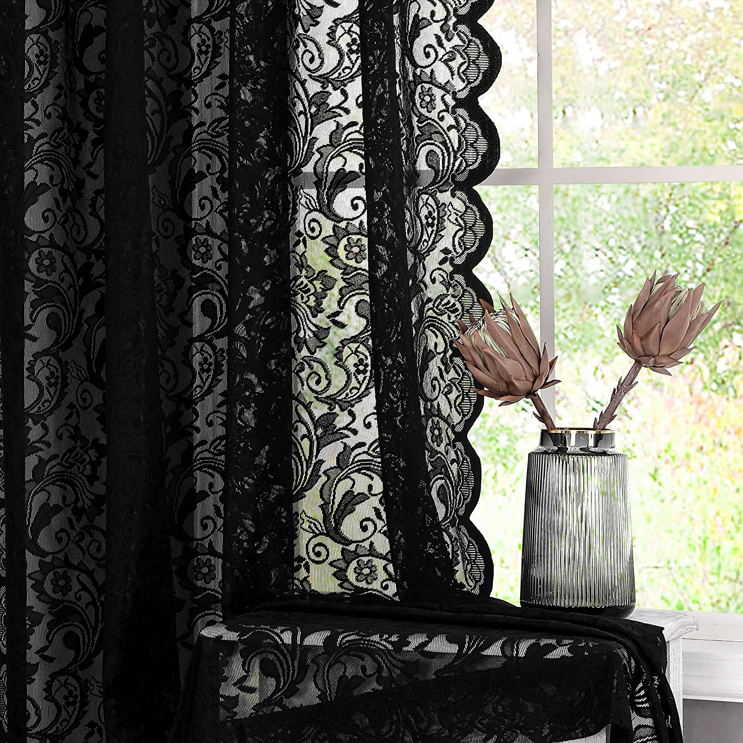 Bujasso Black Sheer Lace Curtains 84 Inch Vintage Floral Sheer Gothic Curtain Panels for Living Room Bedroom Luxury Light Filtering Drapes Black Window Treatment Sets Rod Pocket 2 Panels 54" Wx84 L
