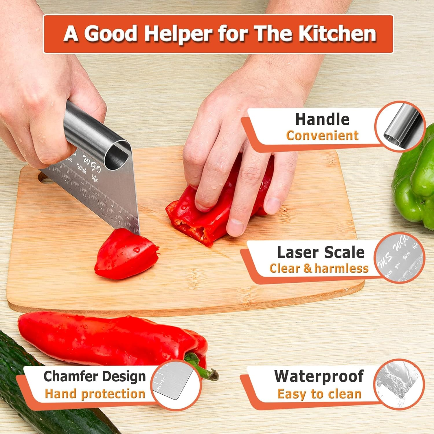 Pro Dough Pastry Scraper/Cutter / Chopper Stainless Steel Mirror Polished Good Grips with Measuring Scale Multipurpose- Cake, Pizza Cutter - Pastry Bread Separator Scale Knife image number 2