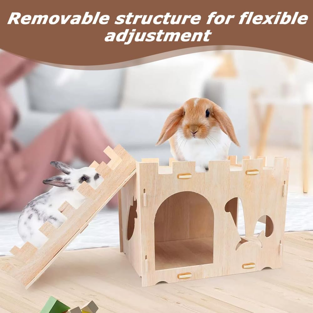 Natural Wooden Rabbit Hutch House with Ladder - Durable & Safe Mini Pet Shelter for Rabbits, Hamsters, Guinea Pigs - 13.7"X16.5"X13.3" - Minimalist Design image number 3