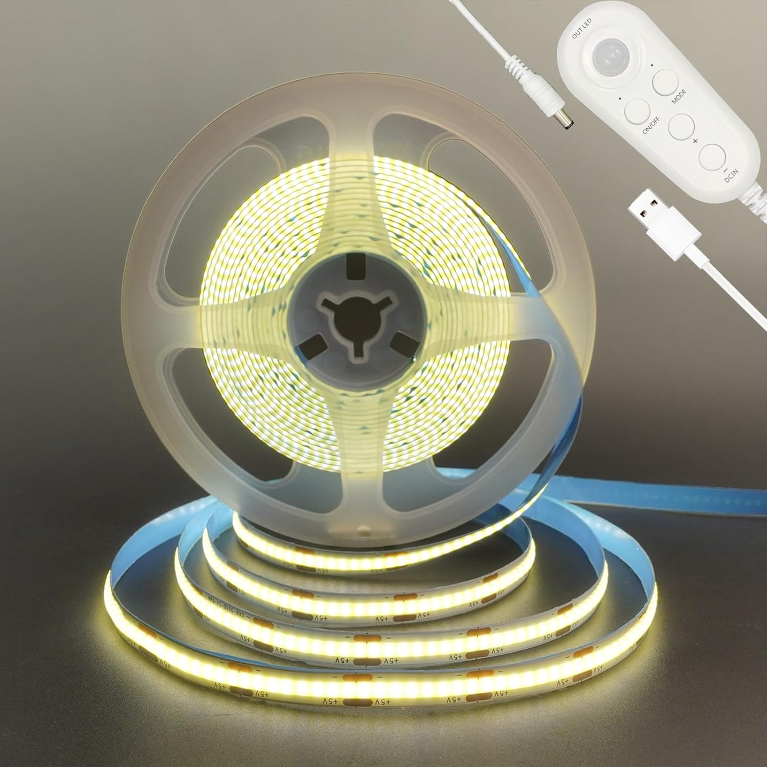 Clearhill 5V USB Motion Sensor Dimmable Flexible LED Strip Lights,9.84Ft/3M,Cool White 6500K Bright Lights,8Mm Width,320Leds/M,Not Waterproof IP 20,For Closet Light Bedroom Cabinet Stair