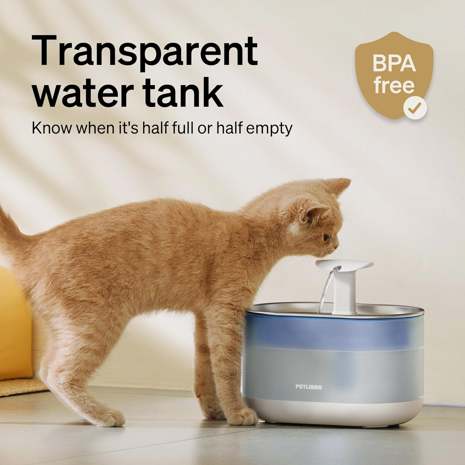 PETLIBRO Ultra Quiet Pet Water Fountain 2.1L, Stainless Steel Top Cat Fountain with Two Flow Modes, Bpa-Free Capsule Water Fountain, Visible Water Level with 4 Large Filters image number 3