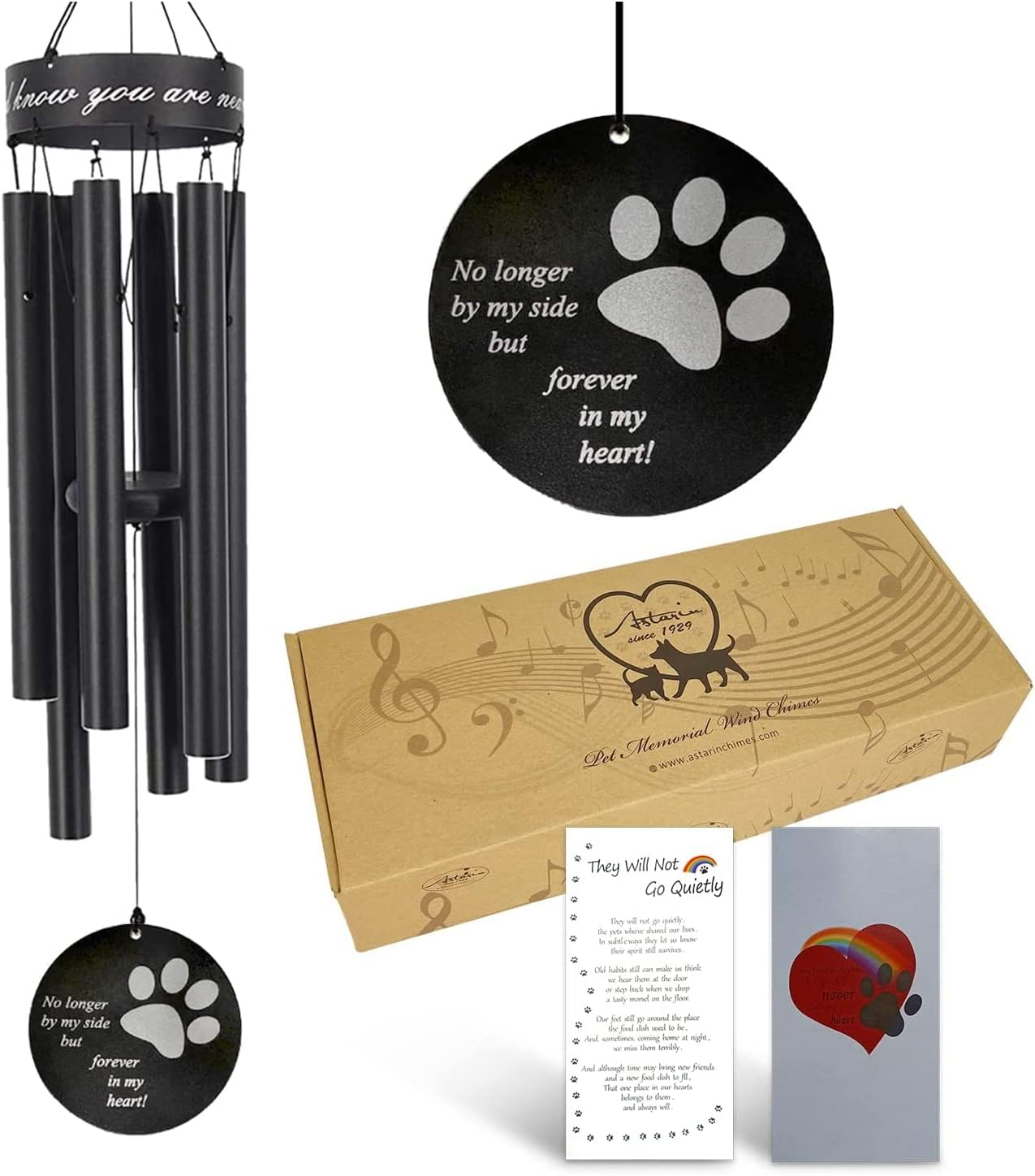 Astarin Pet Memorial Wind Chime, 30'' Paw Print Pet Remembrance Gift to Honor and Remember a Dog, Cat, or Other Pet, Premium Metal Wind Chime, Black