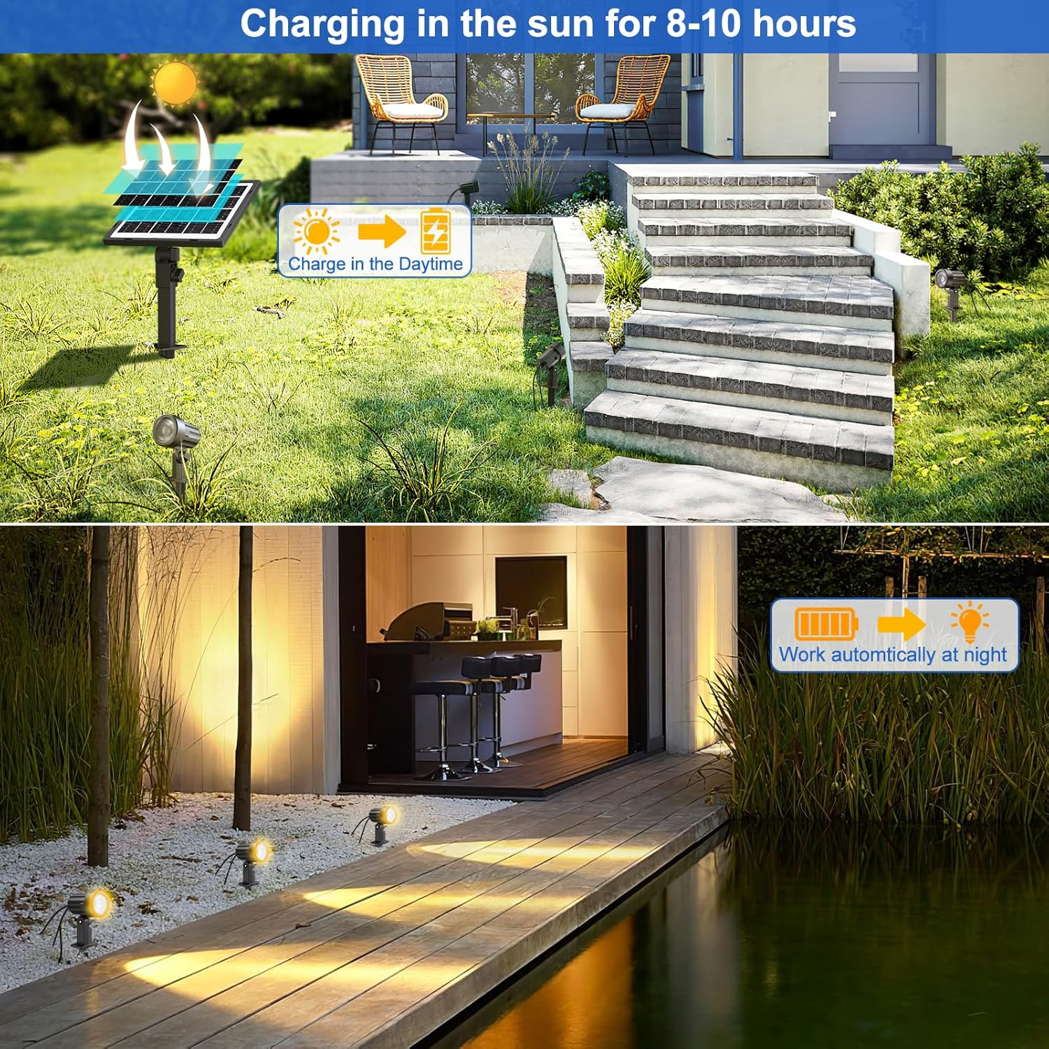 MEIHUA Solar Spotlights Outdoor 4 in 1 2700K Warm White 3 Brightness IP66 Waterproof Solar Garden Lights Outdoor Smooth/Flash Mode Solar Landscape Lights for Garden Path Tree Pathway Yard image number 1
