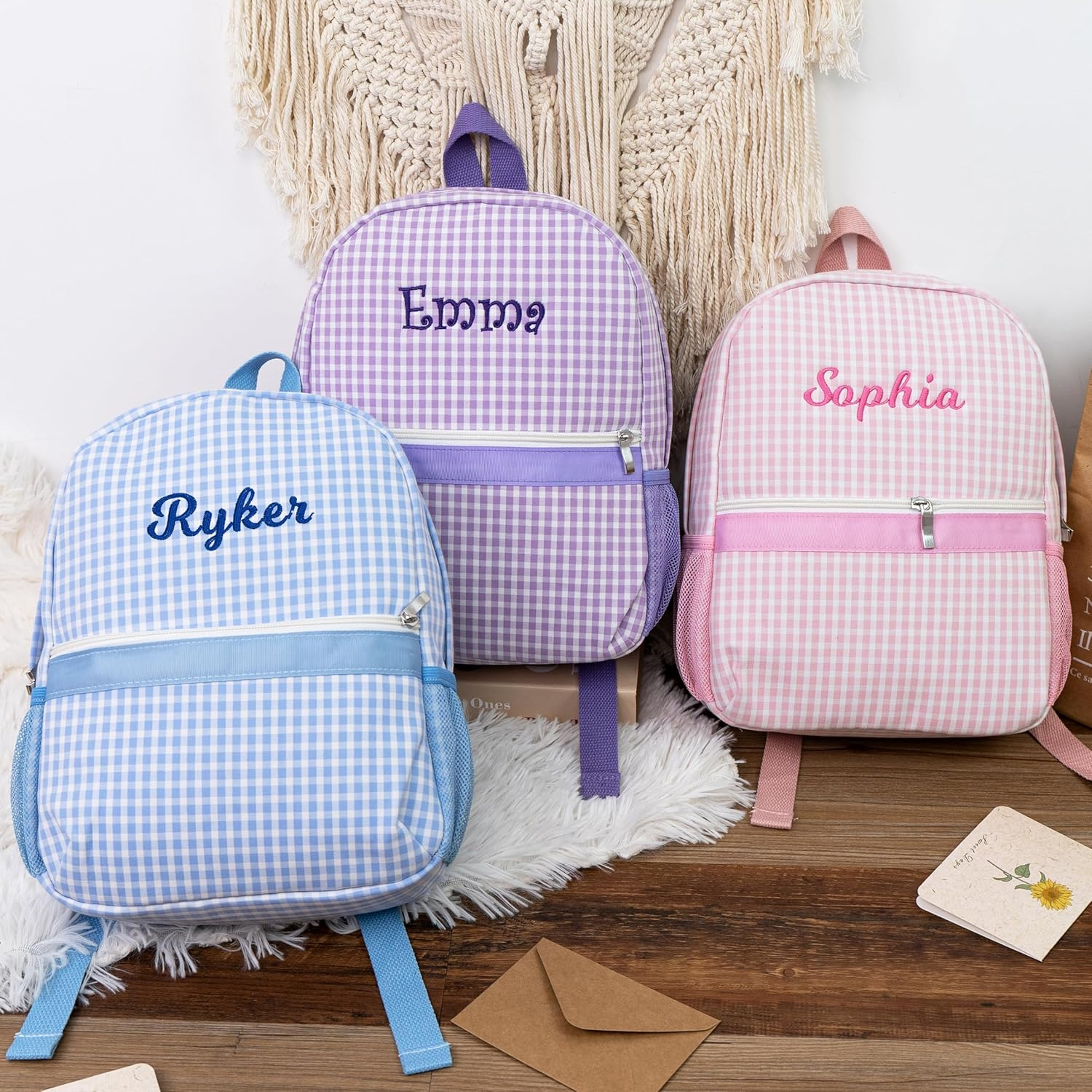 MT WORLD Daycare Backpack Personalized Checkered Seersucker Backpack with Embroidered Name - Blue image number 6