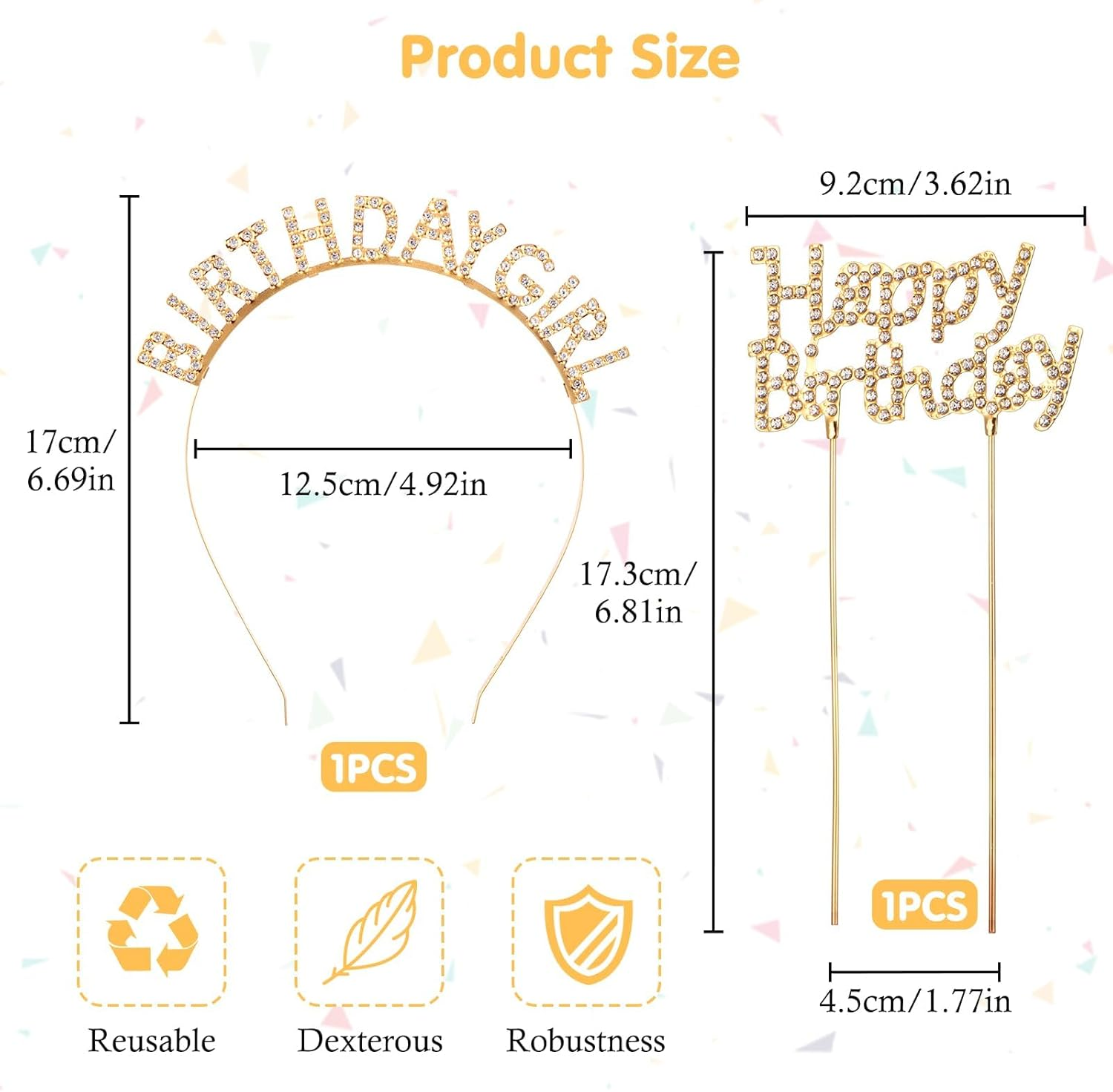 Mynoozi 2PCS Birthday Headband and Cake Topper Kit,Crown Happy Birthday Headband for Women Girls,Rhinestone Happy Birthday Accessories,Cake Decoration-Iron Gold image number 6
