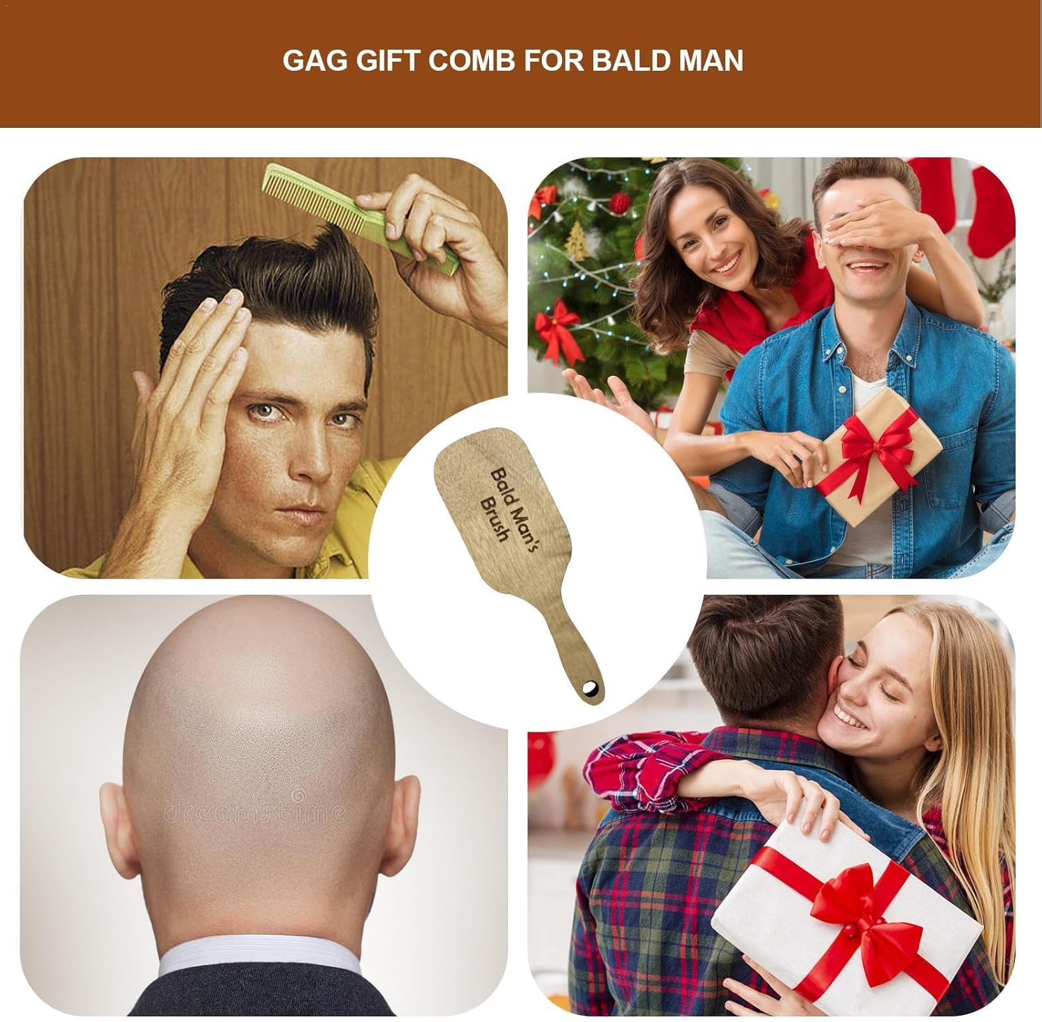 Gag Comb for Bald Man | Funny Wooden Hairless Combing Brush and Toothless Comb Set | for Friends with Thinning Hair image number 2