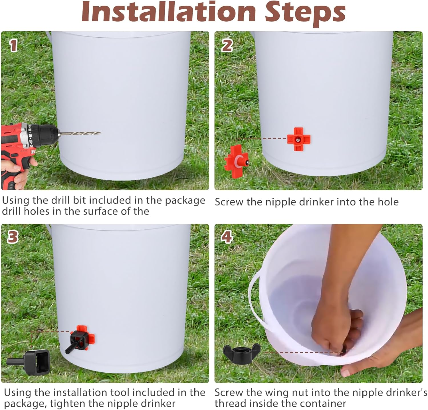 Chicken Water Nipples, 15 Pcs Horizontal Poultry Automatic Waterer Nipples for Bucket with 15 Pcs Ring Gaskets, 15 Pcs Wing Nuts, 9Mm Drill Bit and an Installation Tool Ullnosoo image number 4