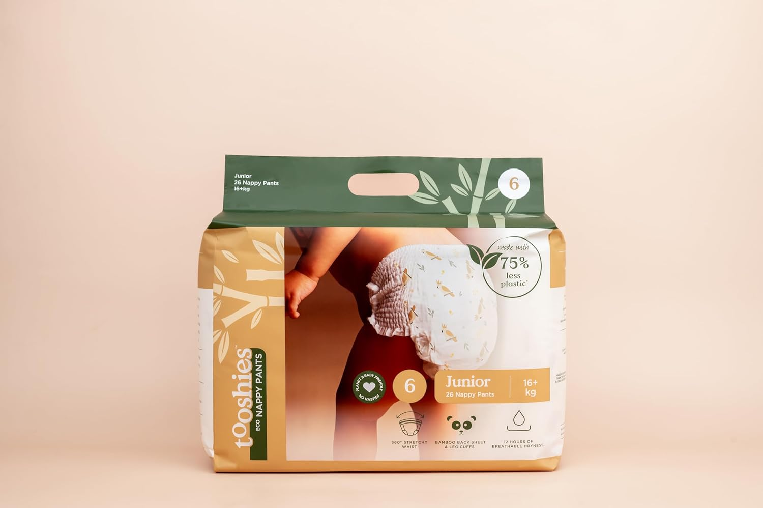 Tooshies Eco Nappy Pants Size 6 Junior, 104 Count + Tooshies Aloe Vera & Chamomile Eco Wipes, 1120 Pack + Tooshies Biodegradable Nappy Bags, 40 Pack image number 2